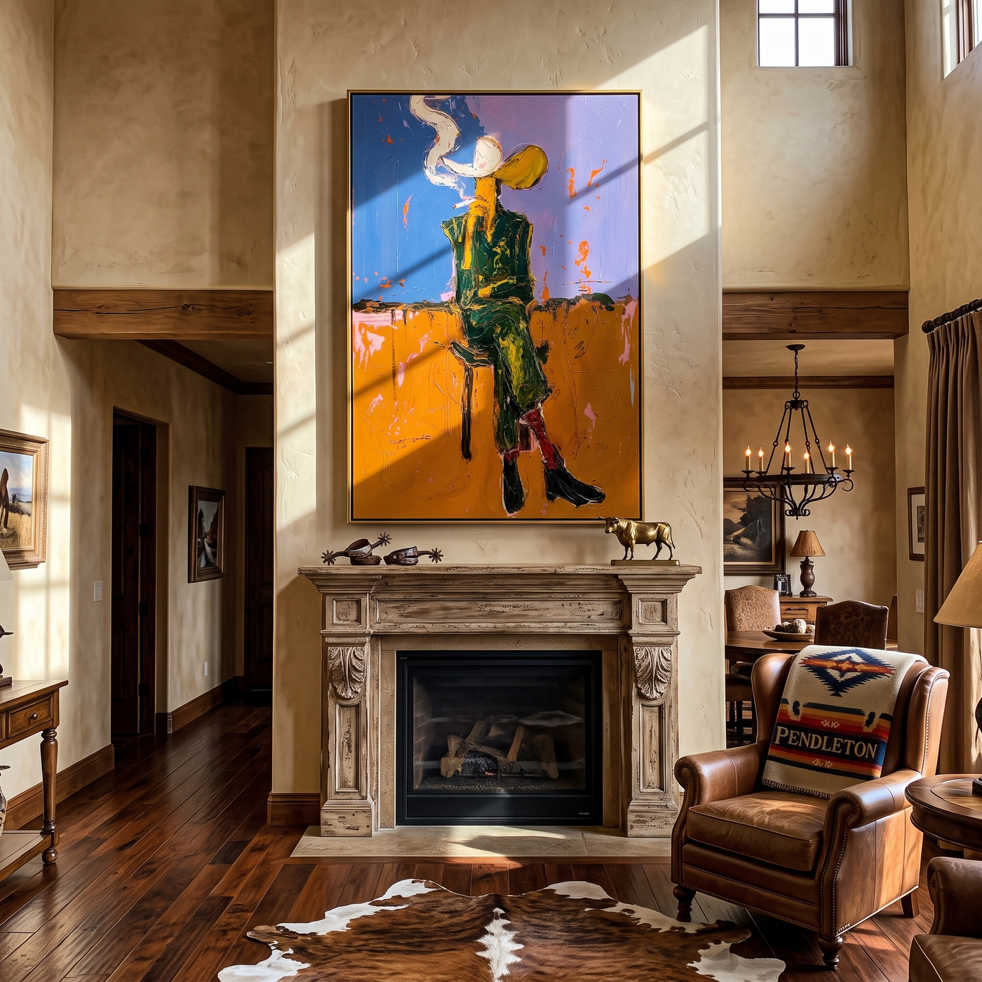 Smoke Curves Above Blue — Seated Smoking Cowboy Painting | Contemporary Western Vertical Wall Art – brown and blue contemporary western western art, vertical hand-painted canvas art – view 3