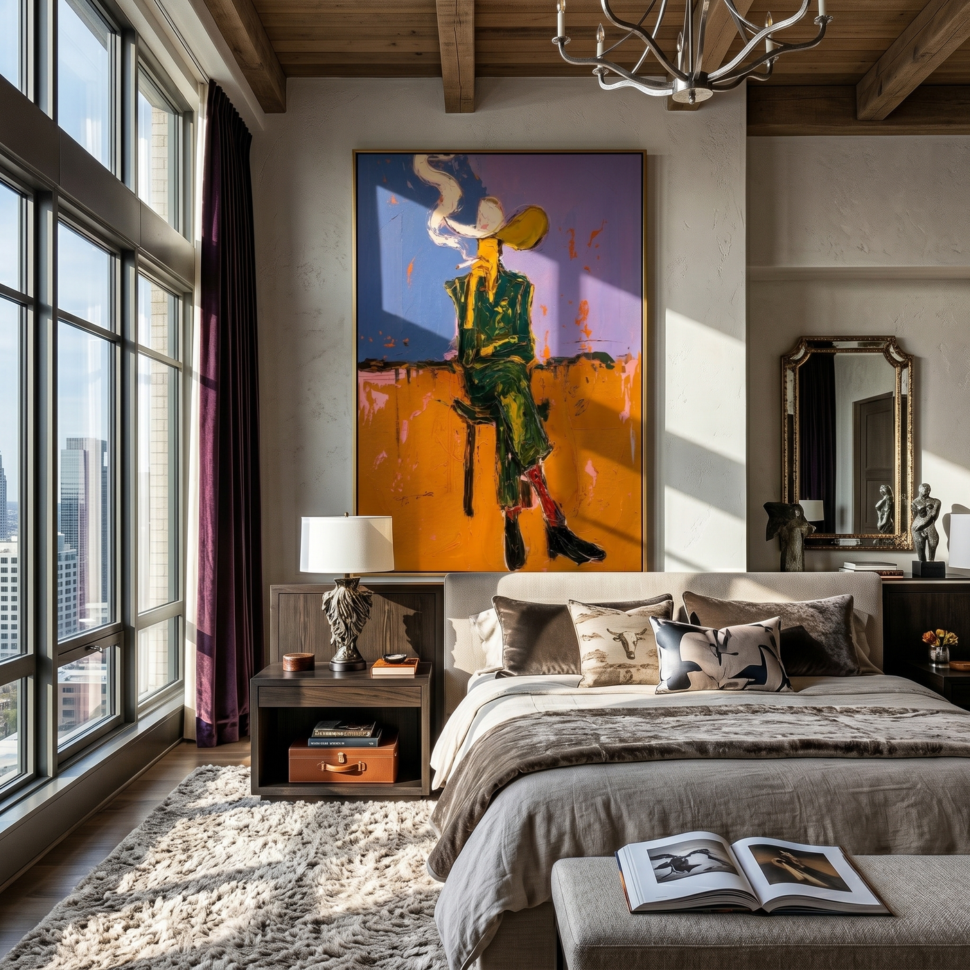 Smoke Curves Above Blue — Seated Smoking Cowboy Painting | Contemporary Western Vertical Wall Art – brown and blue contemporary western western art, vertical hand-painted canvas art – view 4