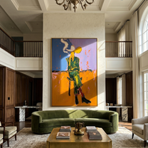 Smoke Curves Above Blue — Seated Smoking Cowboy Painting | Contemporary Western Vertical Wall Art – brown and blue contemporary western western art, vertical hand-painted canvas art – view 5