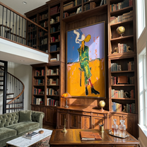 Smoke Curves Above Blue — Seated Smoking Cowboy Painting | Contemporary Western Vertical Wall Art – brown and blue contemporary western western art, vertical hand-painted canvas art – view 6