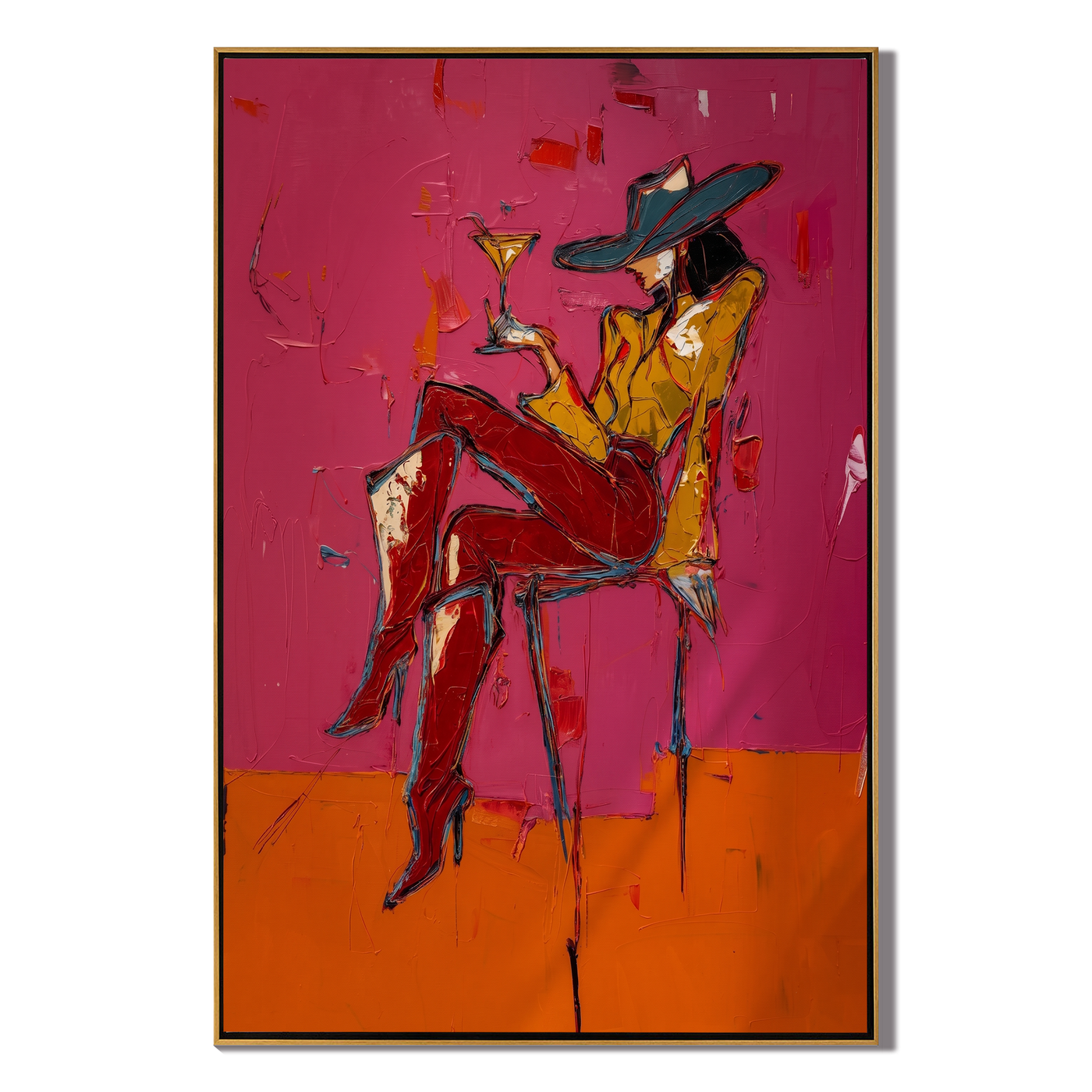Martini Balances on Crimson — brown and red and pink contemporary western western art, vertical hand-painted canvas art – view 1
