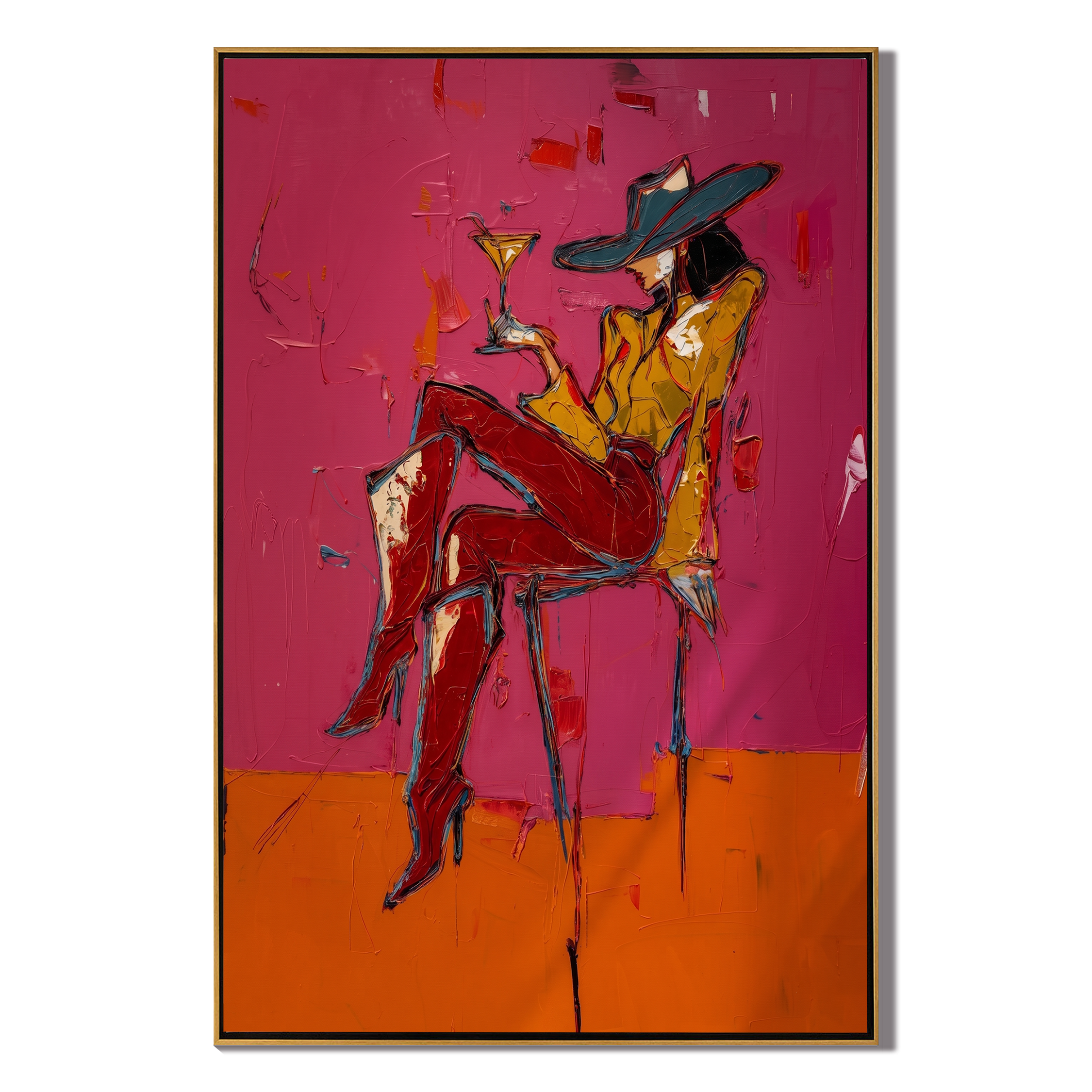 Martini Balances on Crimson — brown and red and pink contemporary western western art, vertical hand-painted canvas art – view 1
