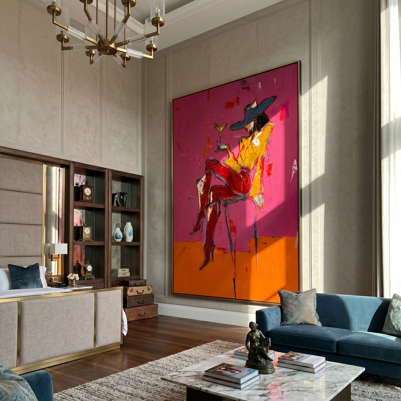 Martini Balances on Crimson — brown and red and pink contemporary western western art, vertical hand-painted canvas art – view 2