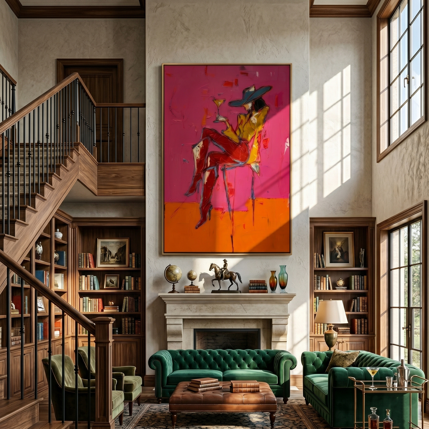 Martini Balances on Crimson — brown and red and pink contemporary western western art, vertical hand-painted canvas art – view 3