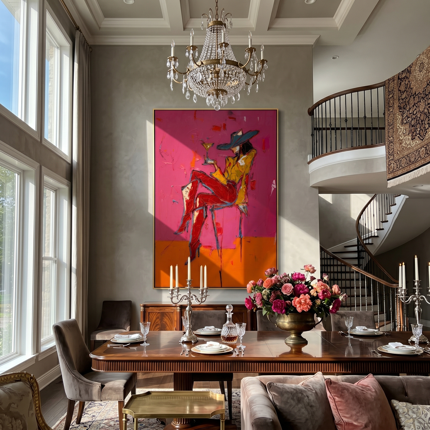 Martini Balances on Crimson — brown and red and pink contemporary western western art, vertical hand-painted canvas art – view 4