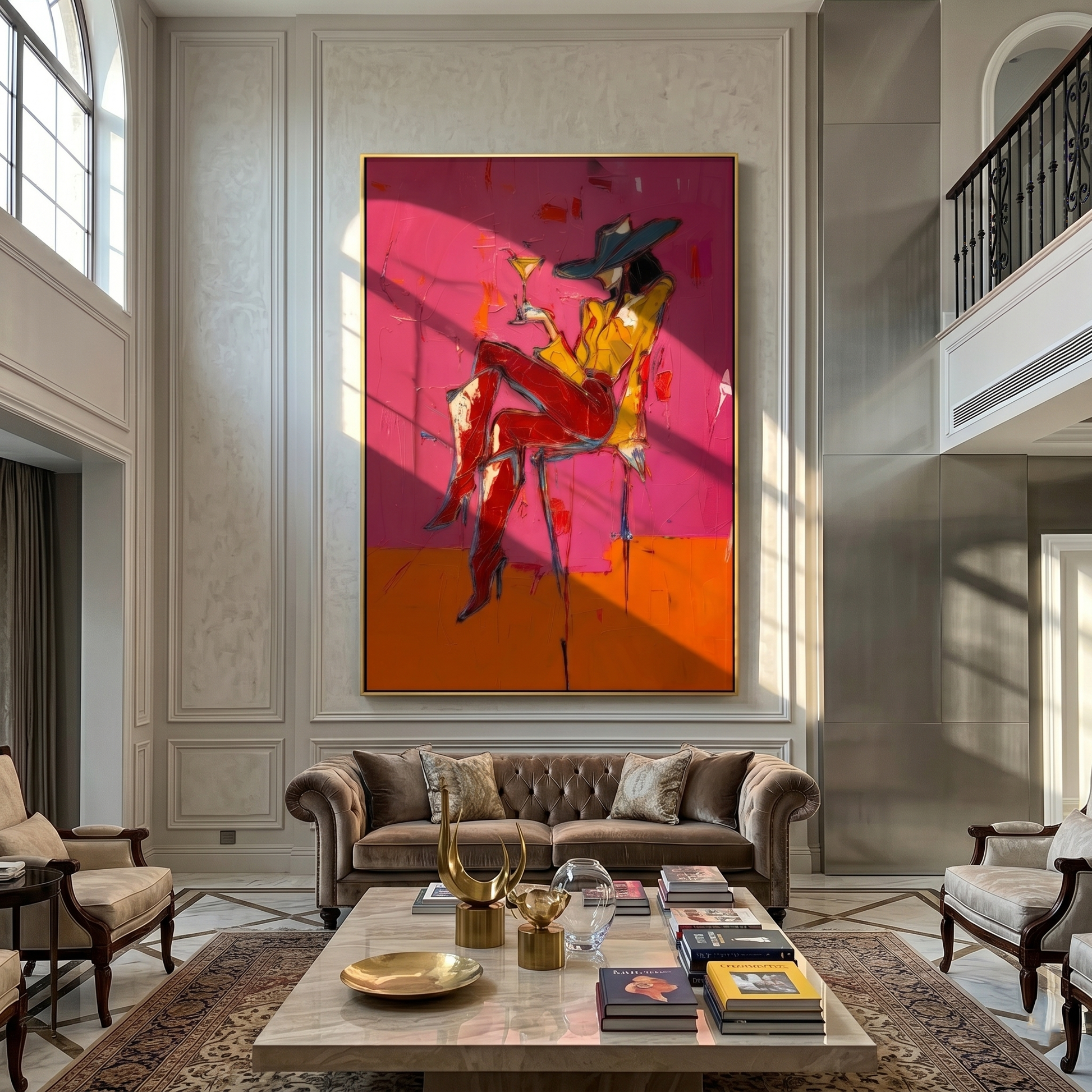 Martini Balances on Crimson — brown and red and pink contemporary western western art, vertical hand-painted canvas art – view 6
