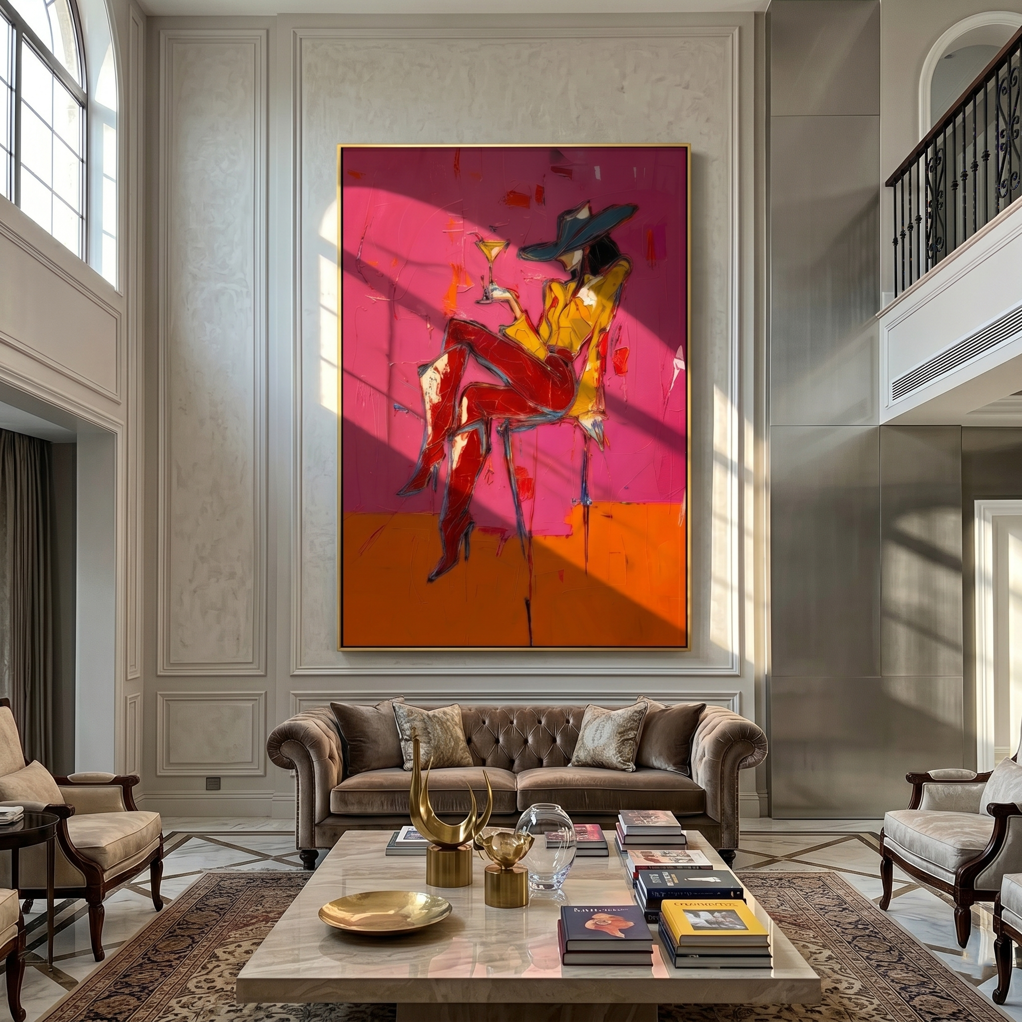 Martini Balances on Crimson — brown and red and pink contemporary western western art, vertical hand-painted canvas art – view 6