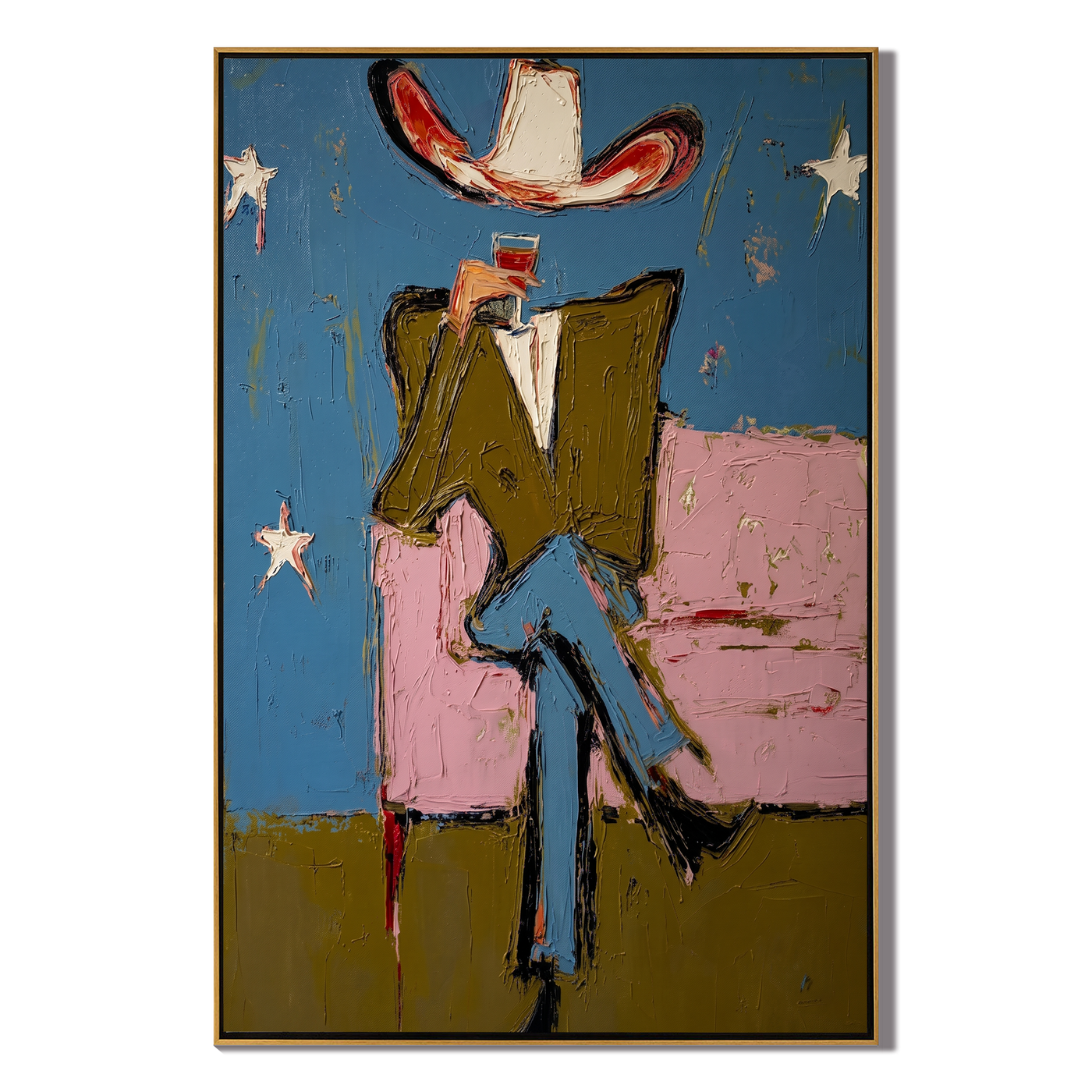 White Hat Crosses Stars — brown and blue and red contemporary western western art, vertical hand-painted canvas art – view 1