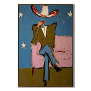 White Hat Crosses Stars — brown and blue and red contemporary western western art, vertical hand-painted canvas art – view 1