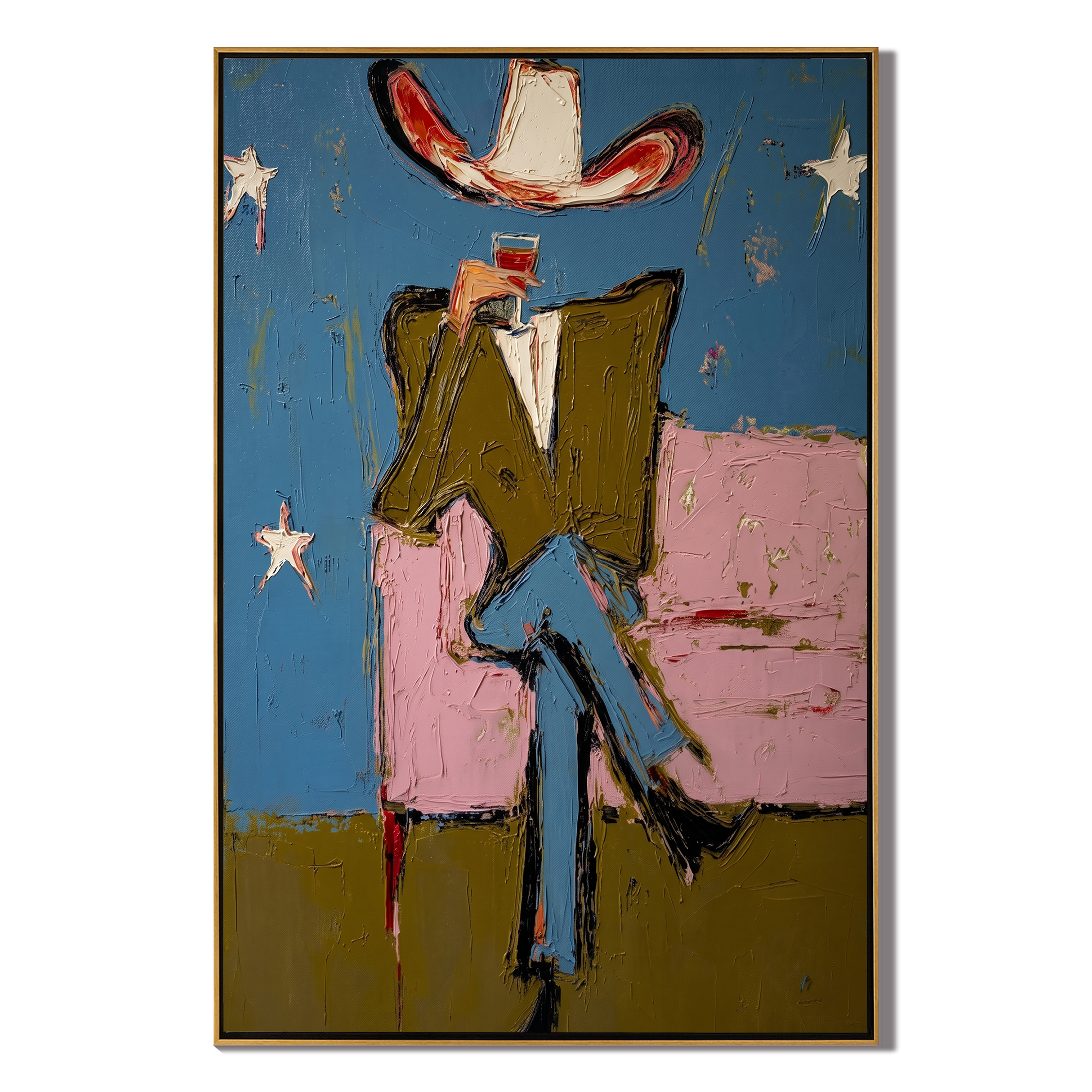 White Hat Crosses Stars — brown and blue and red contemporary western western art, vertical hand-painted canvas art – view 1