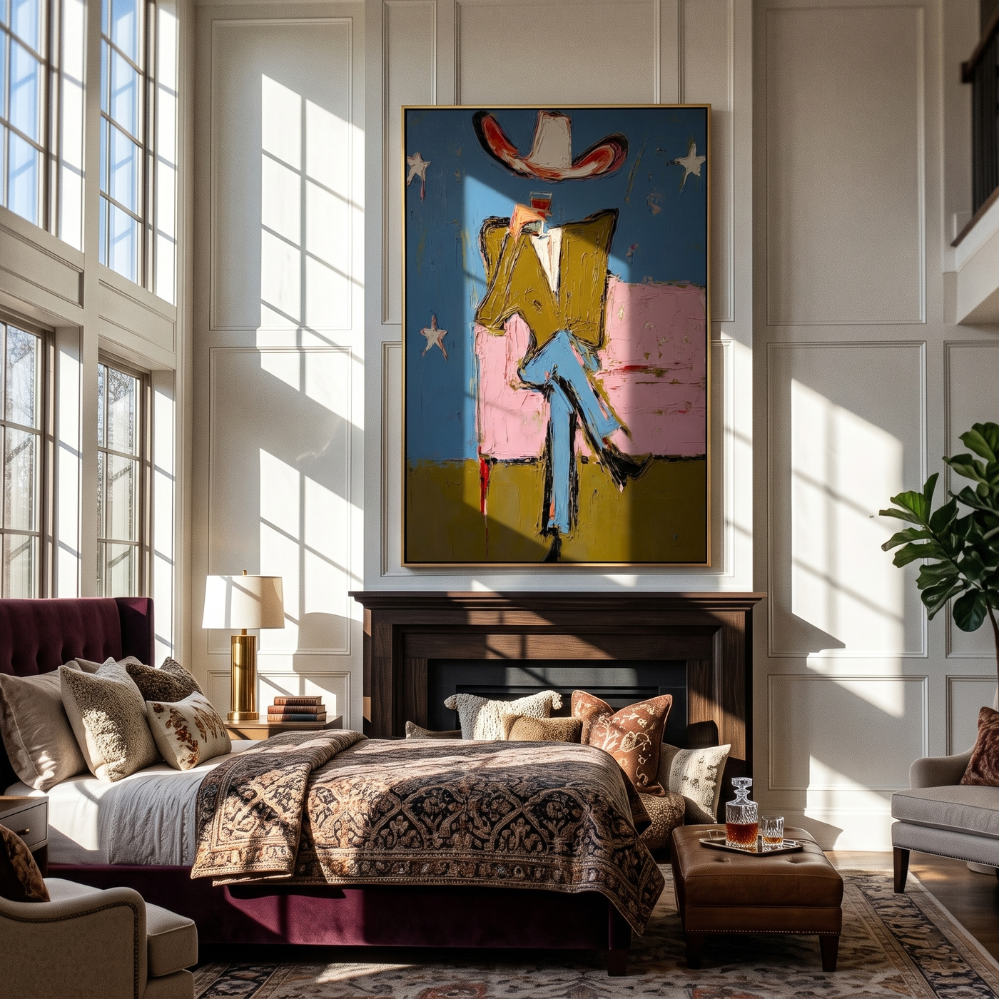 White Hat Crosses Stars — brown and blue and red contemporary western western art, vertical hand-painted canvas art – view 2