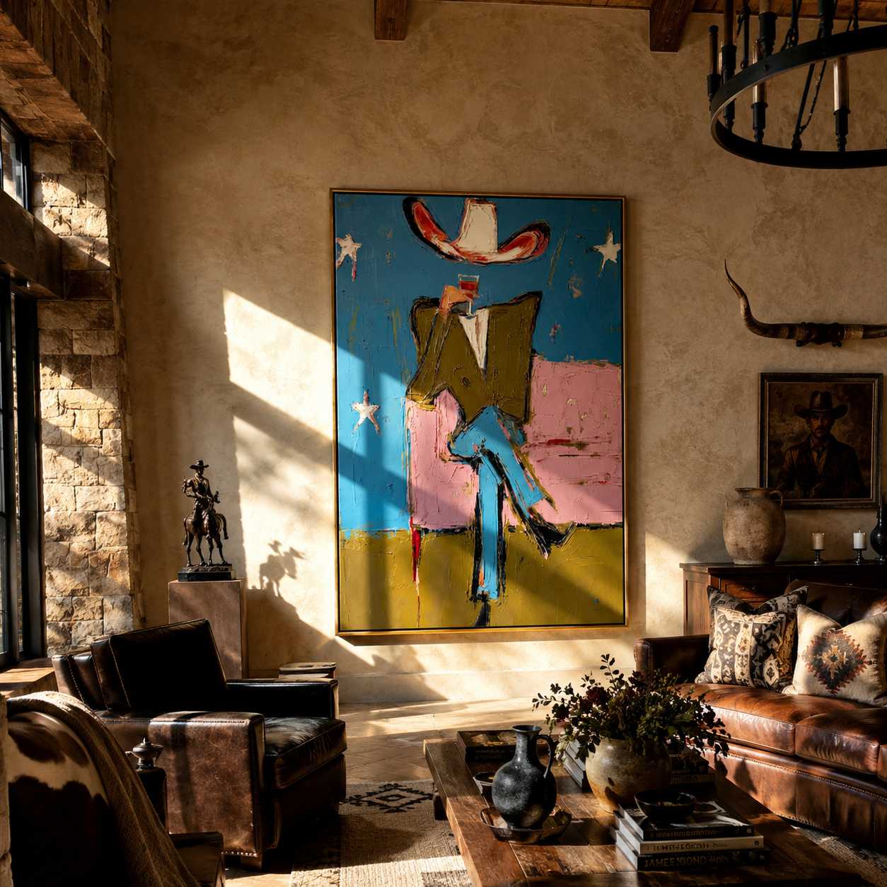 White Hat Crosses Stars — brown and blue and red contemporary western western art, vertical hand-painted canvas art – view 3