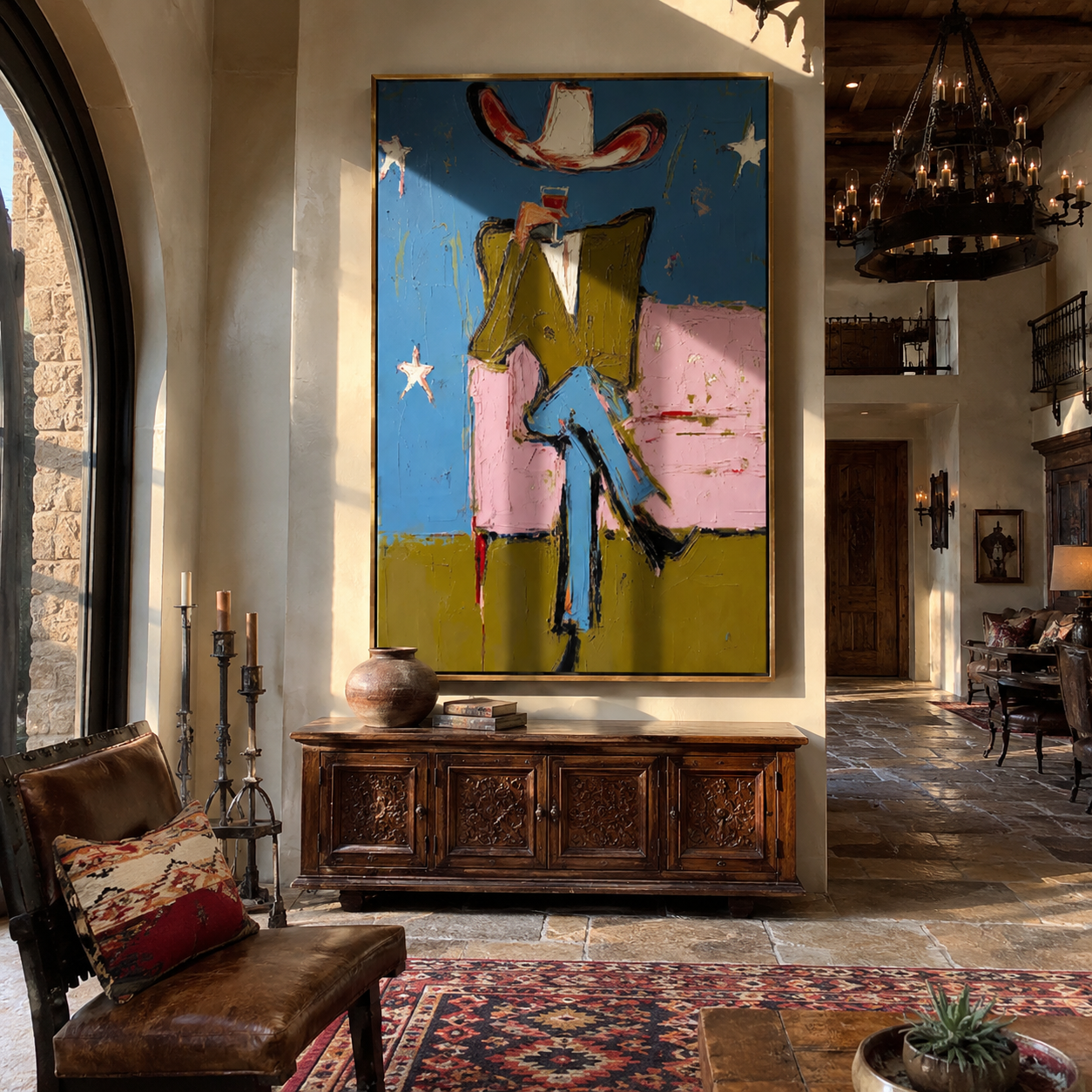 White Hat Crosses Stars — brown and blue and red contemporary western western art, vertical hand-painted canvas art – view 4