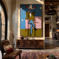 White Hat Crosses Stars — brown and blue and red contemporary western western art, vertical hand-painted canvas art – view 4