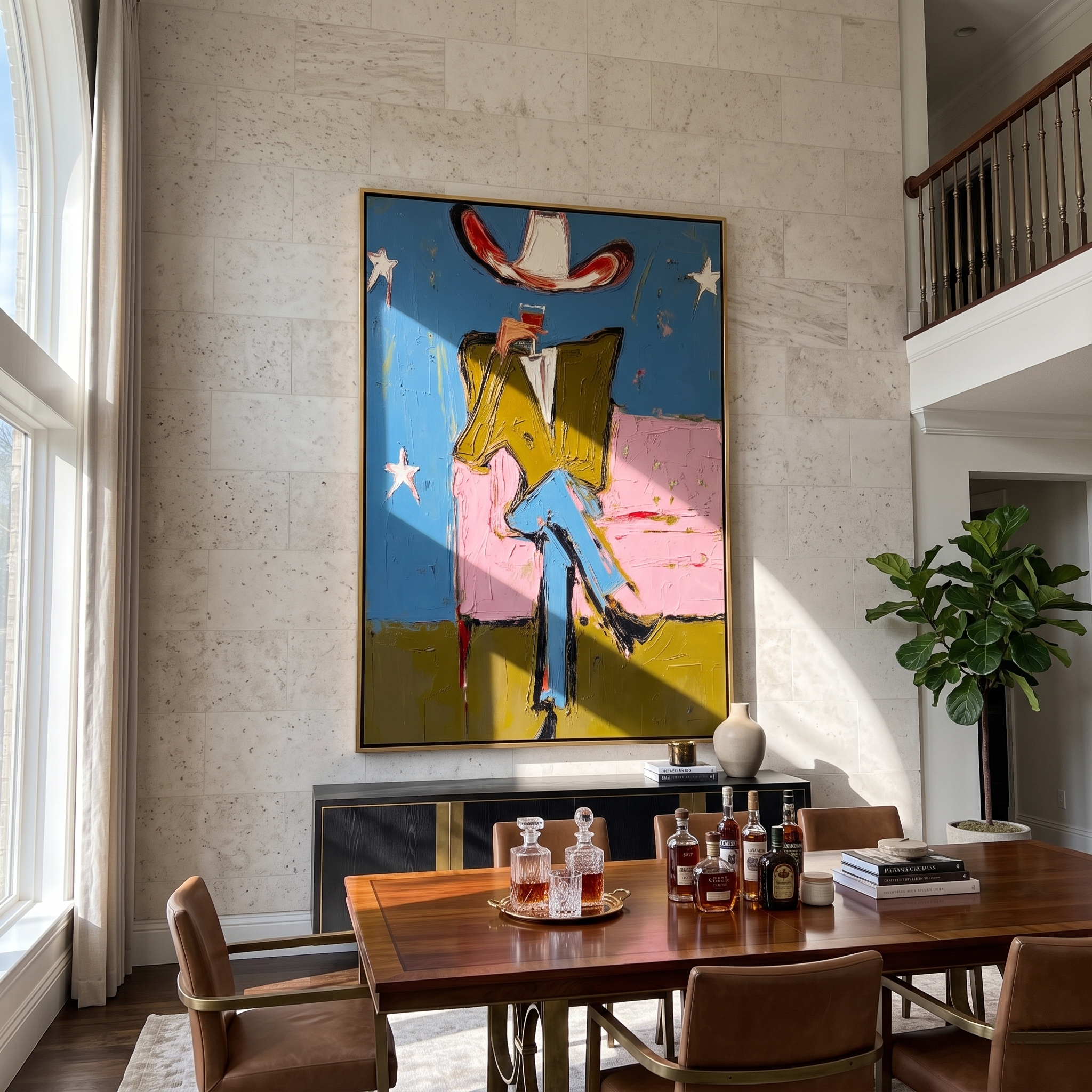 White Hat Crosses Stars — brown and blue and red contemporary western western art, vertical hand-painted canvas art – view 5