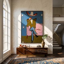 White Hat Crosses Stars — brown and blue and red contemporary western western art, vertical hand-painted canvas art – view 6
