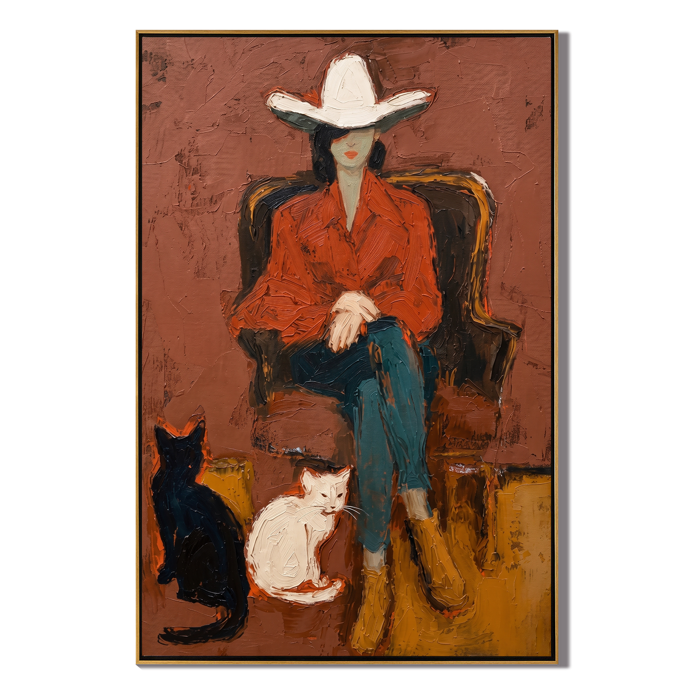Two Cats Guard Red — Cowboy with Two Cats Painting | Contemporary Western Vertical Wall Art – brown and red contemporary western western art, vertical hand-painted canvas art – view 1