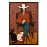 Two Cats Guard Red — Cowboy with Two Cats Painting | Contemporary Western Vertical Wall Art – brown and red contemporary western western art, vertical hand-painted canvas art – view 1