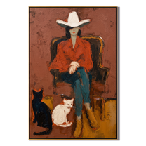 Two Cats Guard Red — Cowboy with Two Cats Painting | Contemporary Western Vertical Wall Art – brown and red contemporary western western art, vertical hand-painted canvas art – view 1