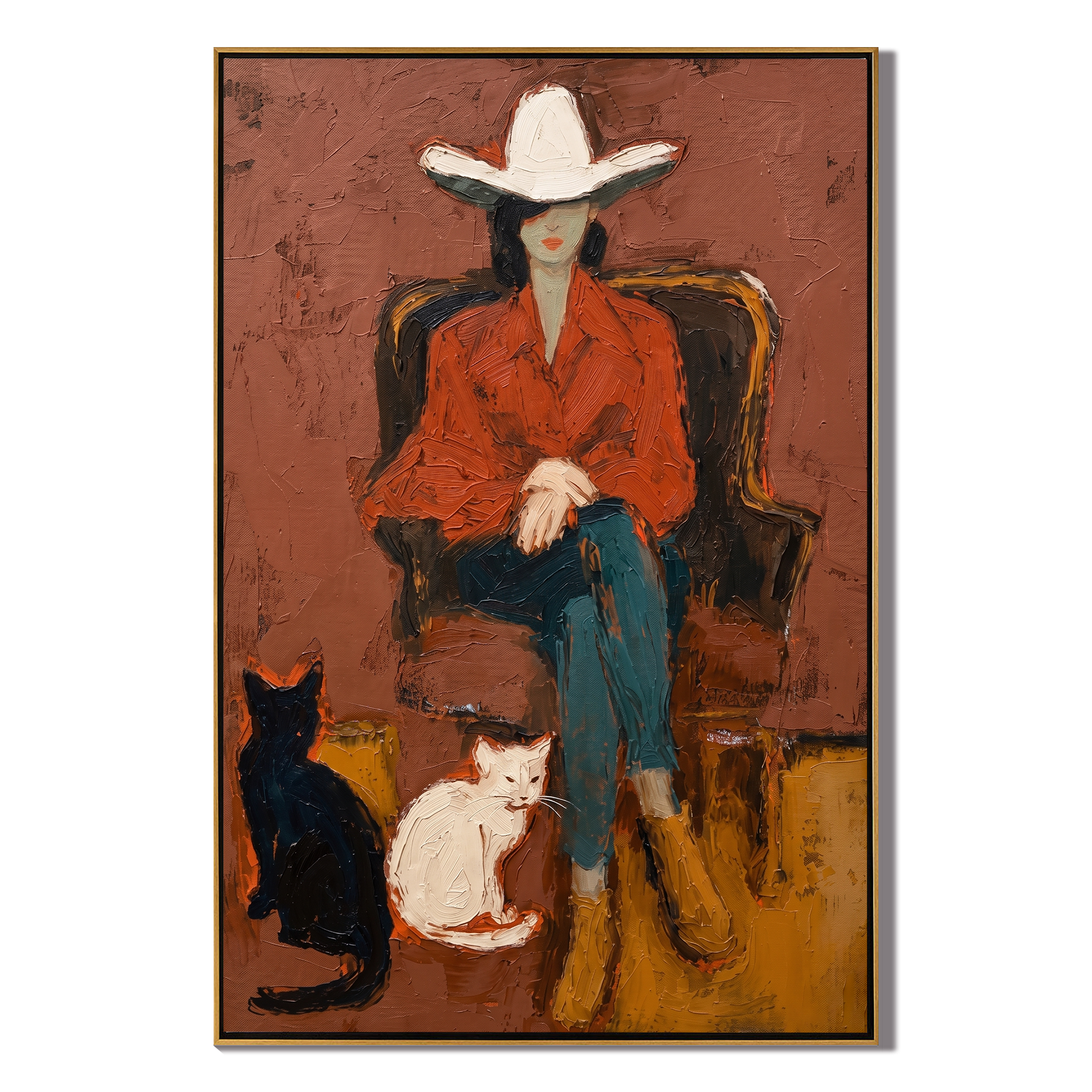 Two Cats Guard Red — Cowboy with Two Cats Painting | Contemporary Western Vertical Wall Art – brown and red contemporary western western art, vertical hand-painted canvas art – view 1