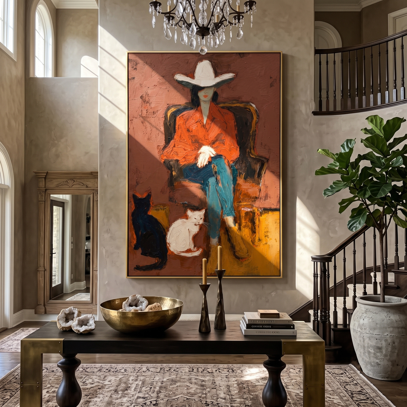 Two Cats Guard Red — Cowboy with Two Cats Painting | Contemporary Western Vertical Wall Art – brown and red contemporary western western art, vertical hand-painted canvas art – view 2