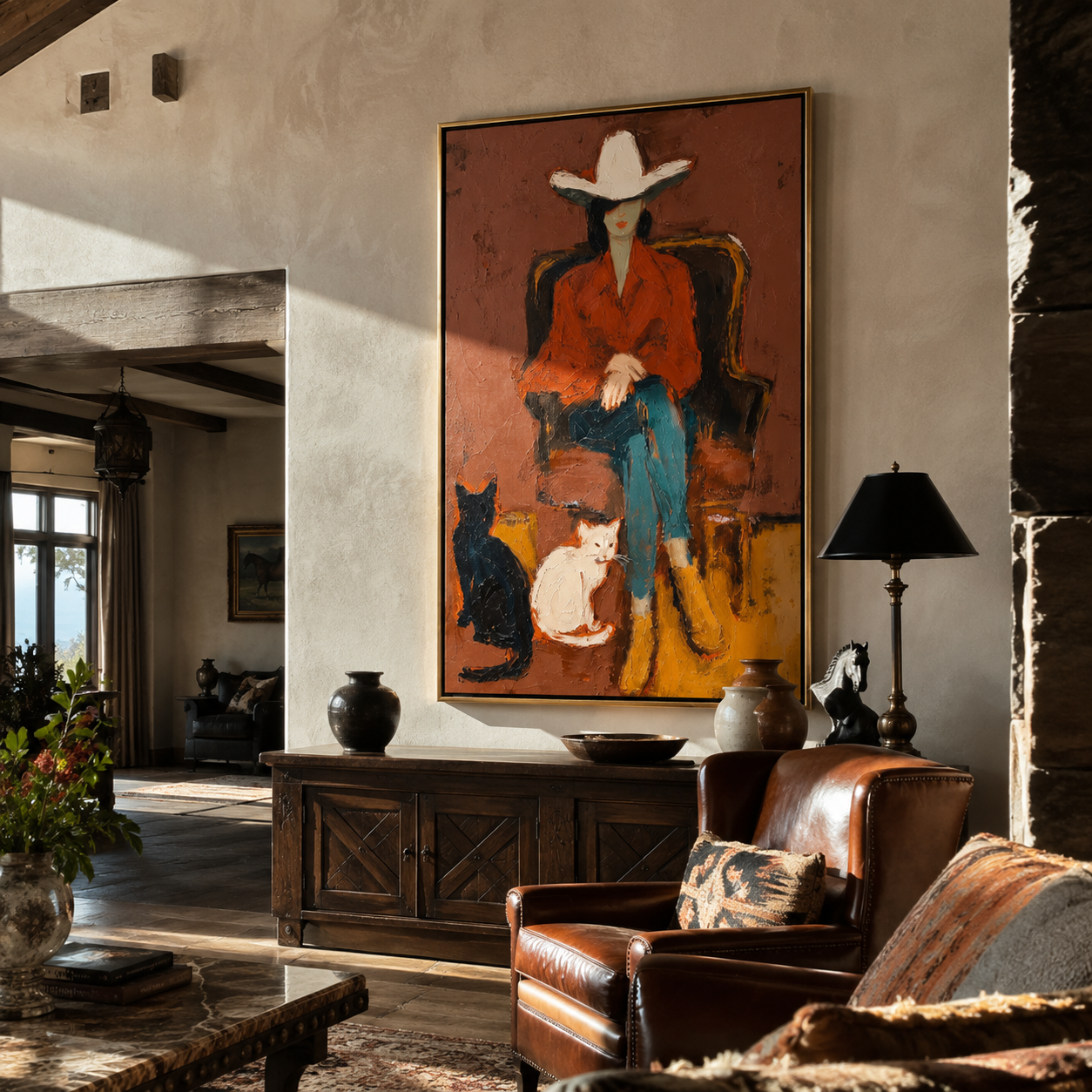 Two Cats Guard Red — Cowboy with Two Cats Painting | Contemporary Western Vertical Wall Art – brown and red contemporary western western art, vertical hand-painted canvas art – view 4