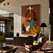 Two Cats Guard Red — Cowboy with Two Cats Painting | Contemporary Western Vertical Wall Art – brown and red contemporary western western art, vertical hand-painted canvas art – view 4