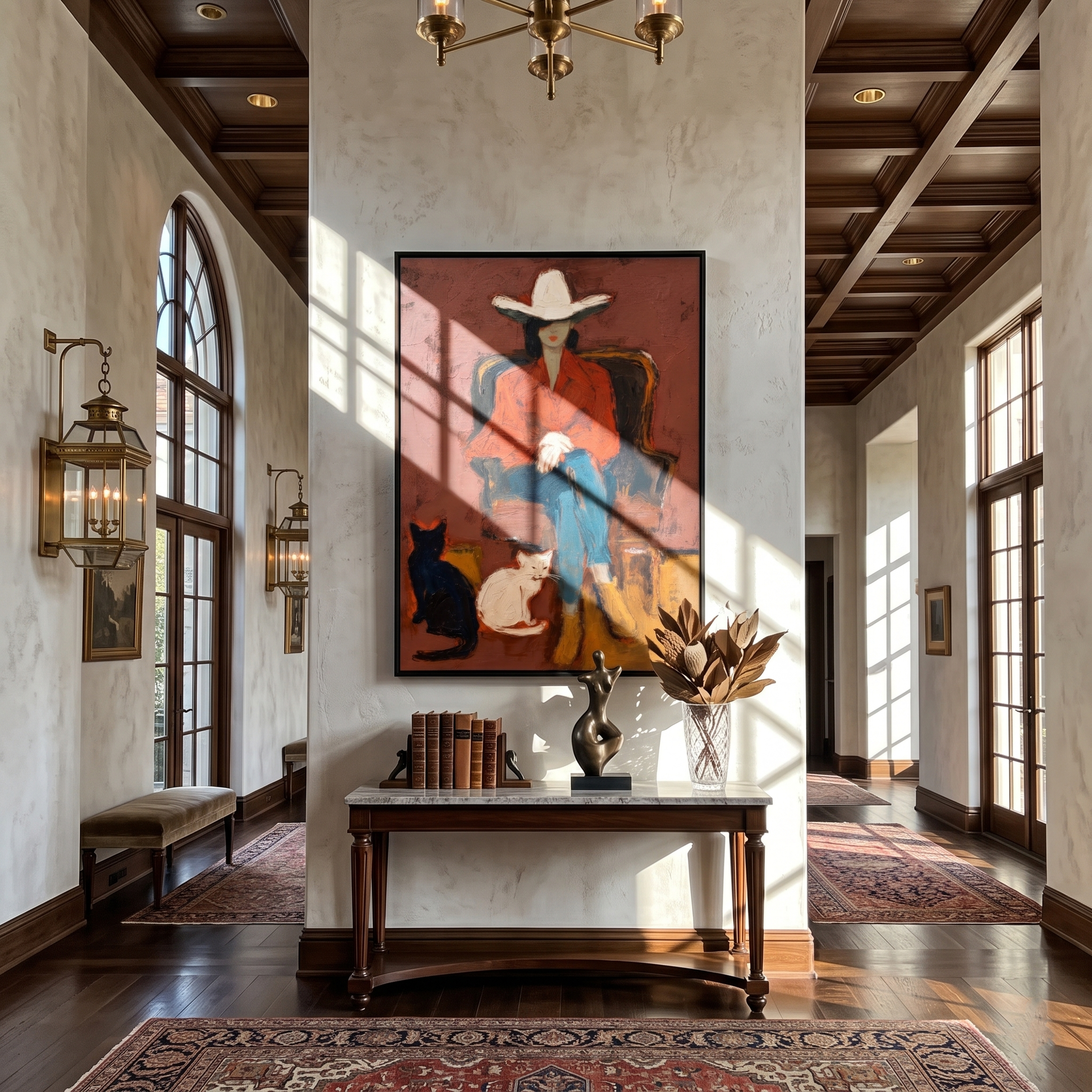 Two Cats Guard Red — Cowboy with Two Cats Painting | Contemporary Western Vertical Wall Art – brown and red contemporary western western art, vertical hand-painted canvas art – view 6