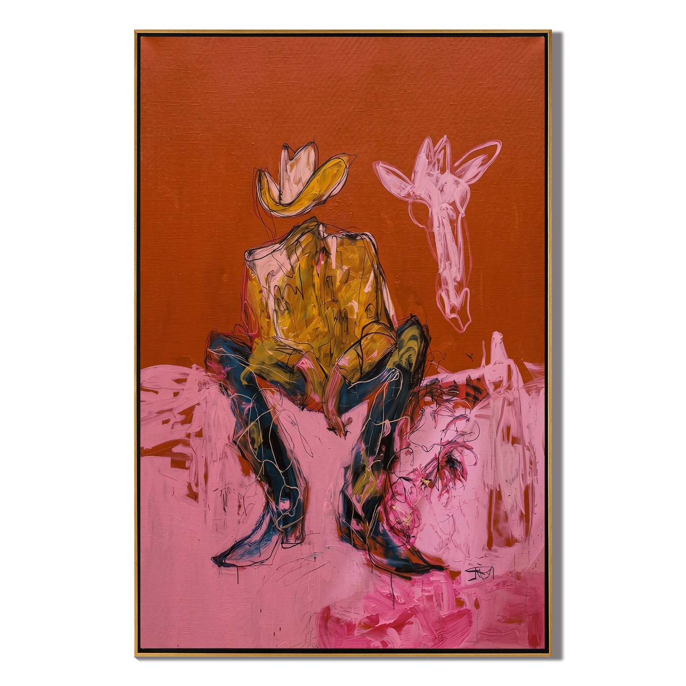 Pink Horse Hears Stillness — Cowboy with Pink Horse Painting | Contemporary Western Vertical Wall Art – brown and red contemporary western western art, vertical hand-painted canvas art – view 1