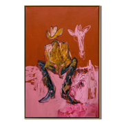 Pink Horse Hears Stillness — Cowboy with Pink Horse Painting | Contemporary Western Vertical Wall Art – brown and red contemporary western western art, vertical hand-painted canvas art – view 1