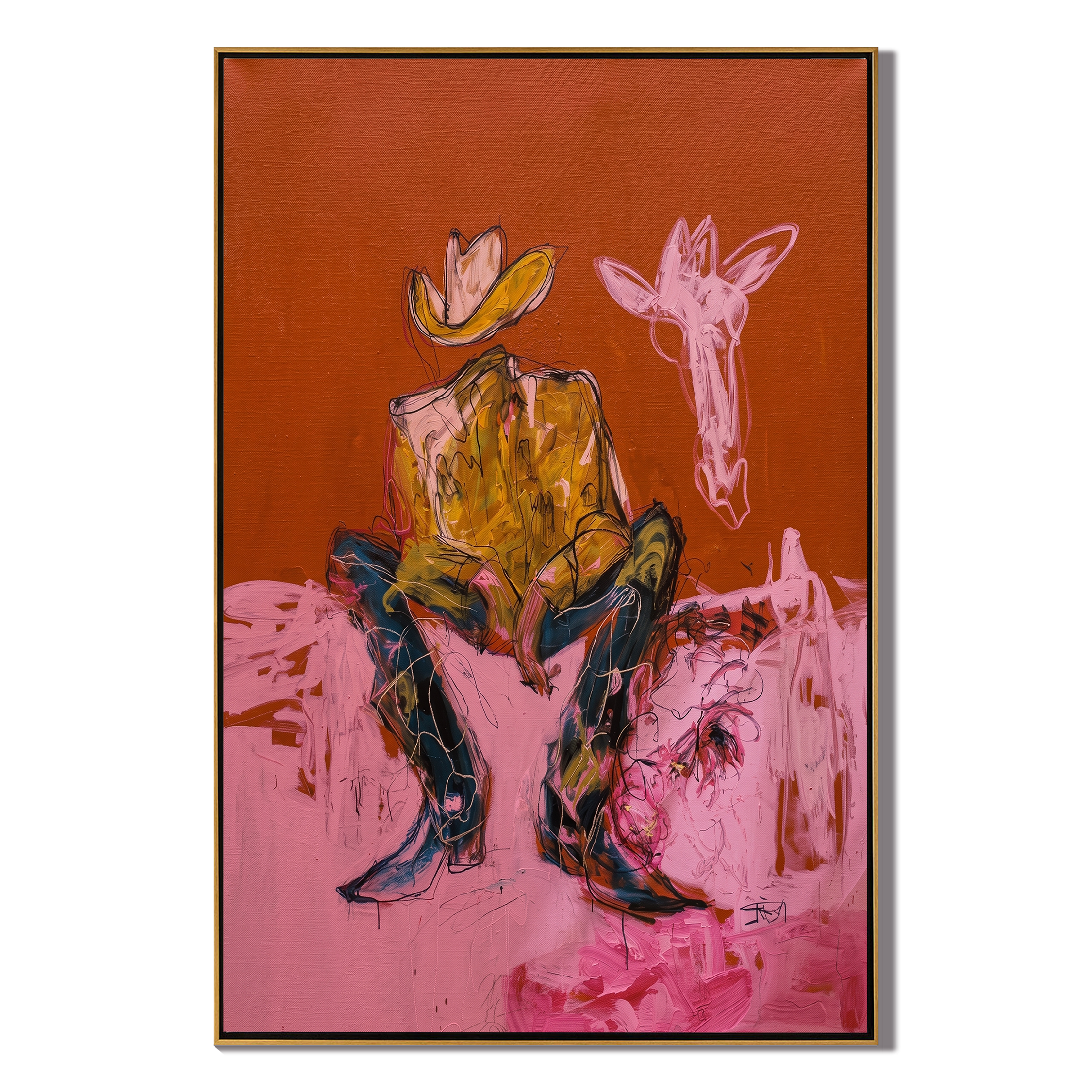 Pink Horse Hears Stillness — Cowboy with Pink Horse Painting | Contemporary Western Vertical Wall Art – brown and red contemporary western western art, vertical hand-painted canvas art – view 1