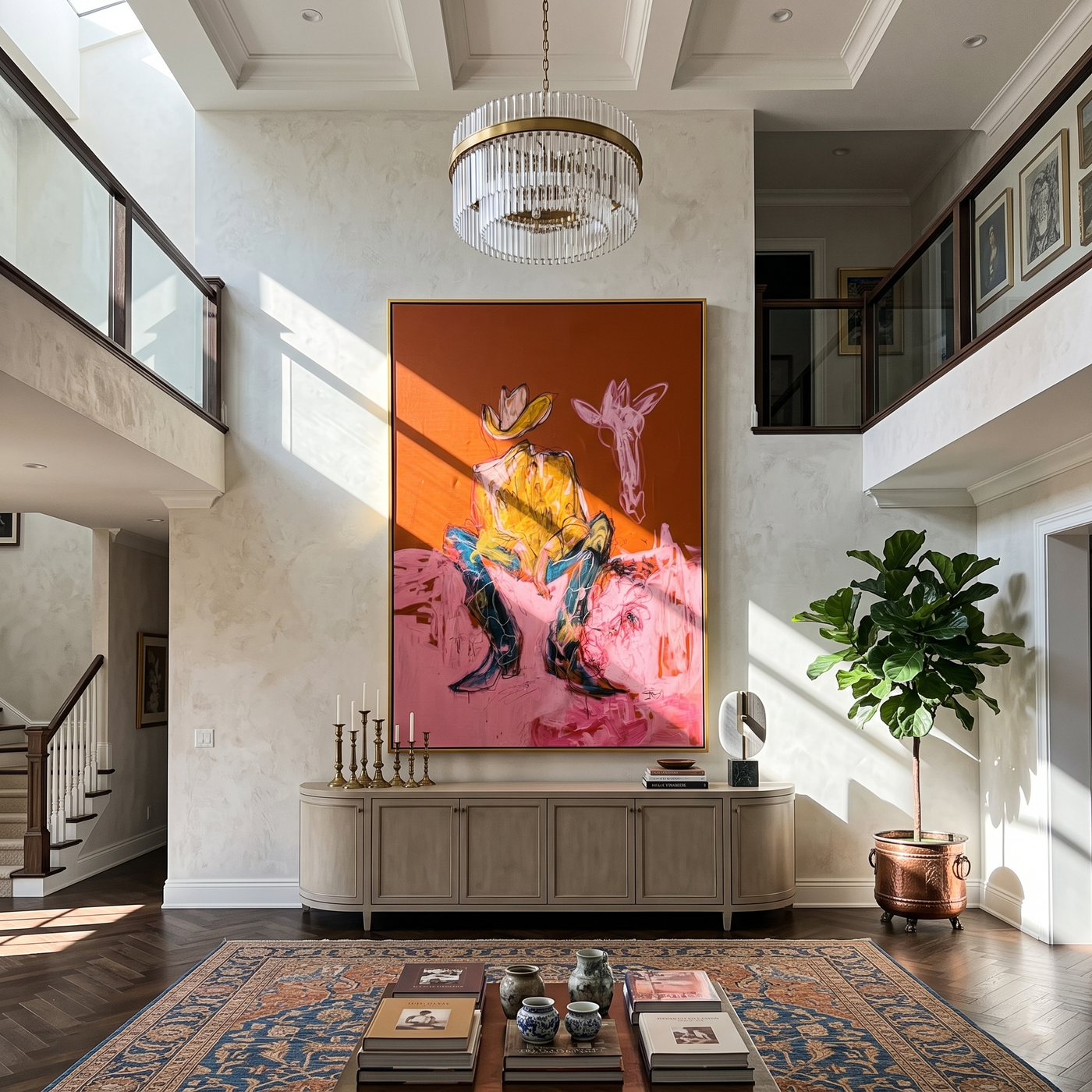 Pink Horse Hears Stillness — Cowboy with Pink Horse Painting | Contemporary Western Vertical Wall Art – brown and red contemporary western western art, vertical hand-painted canvas art – view 2