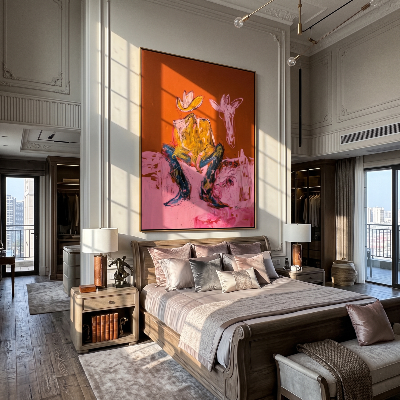 Pink Horse Hears Stillness — Cowboy with Pink Horse Painting | Contemporary Western Vertical Wall Art – brown and red contemporary western western art, vertical hand-painted canvas art – view 3