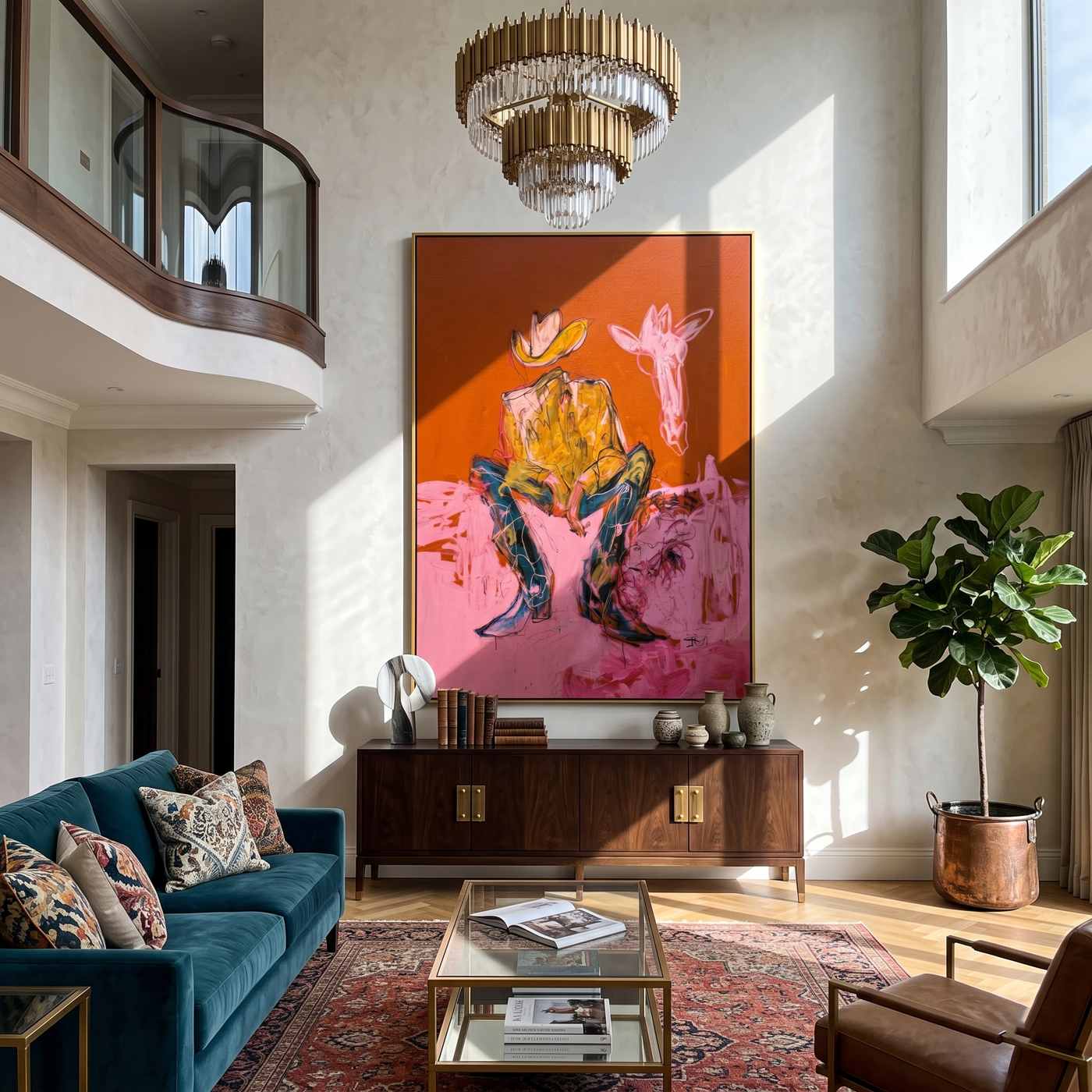 Pink Horse Hears Stillness — Cowboy with Pink Horse Painting | Contemporary Western Vertical Wall Art – brown and red contemporary western western art, vertical hand-painted canvas art – view 4
