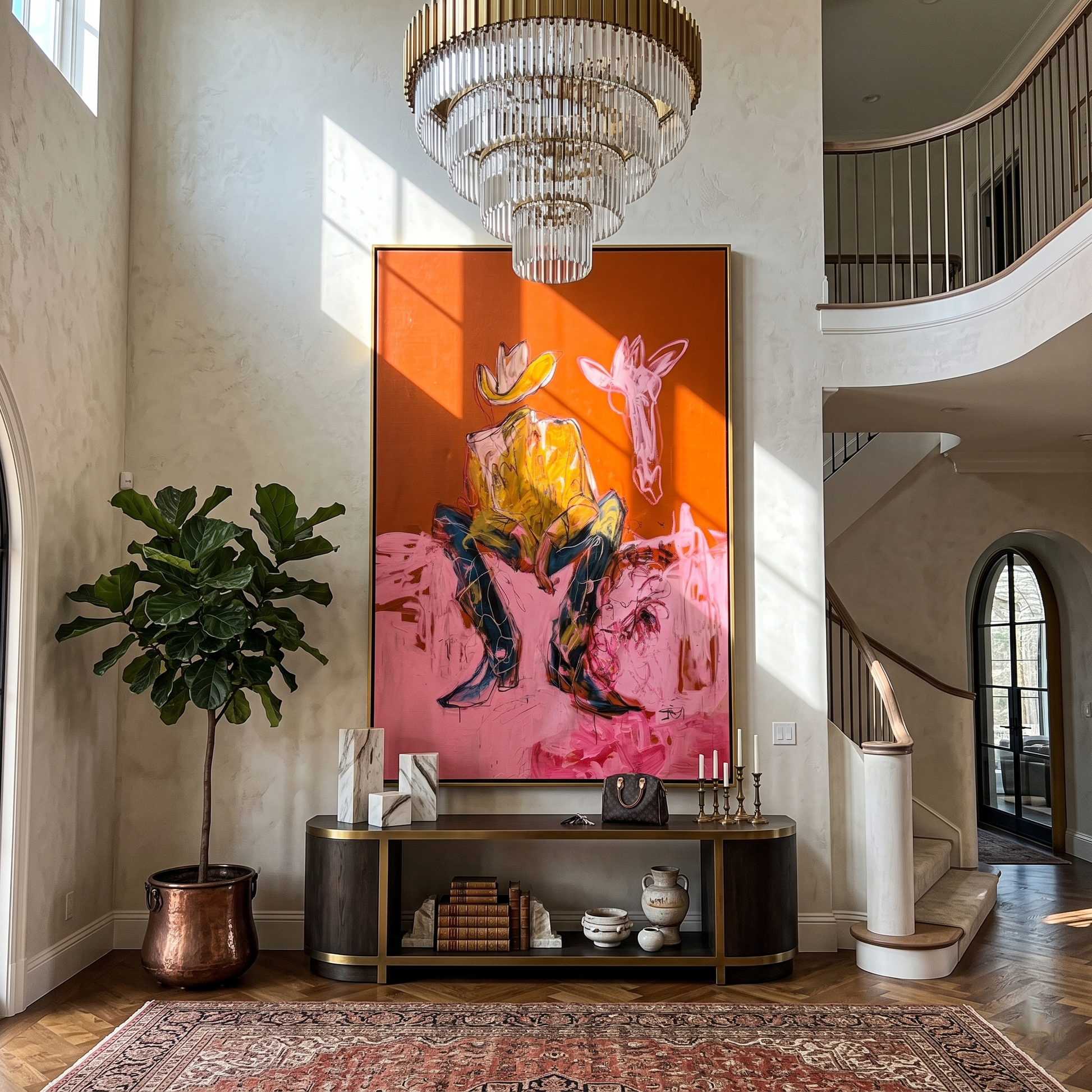 Pink Horse Hears Stillness — Cowboy with Pink Horse Painting | Contemporary Western Vertical Wall Art – brown and red contemporary western western art, vertical hand-painted canvas art – view 5