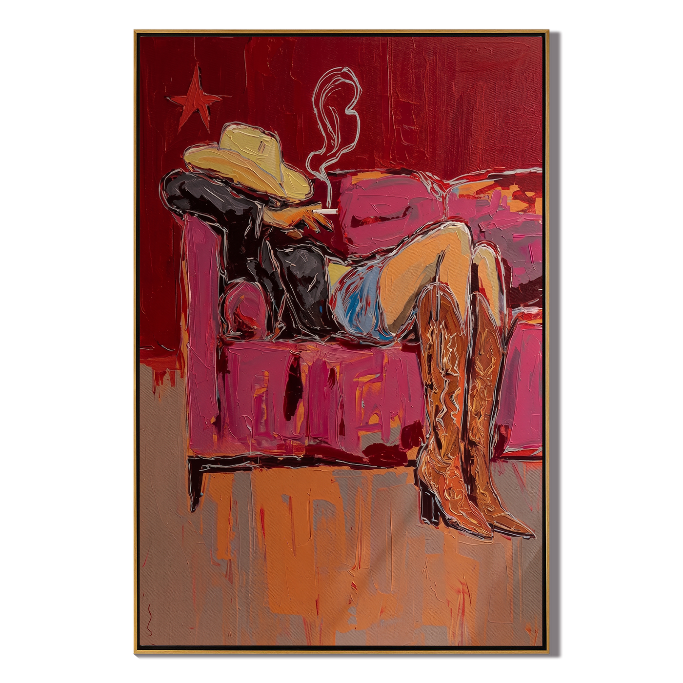 Smoke Sleeps on Velvet — brown and gray and red contemporary western western art, vertical hand-painted canvas art – view 1