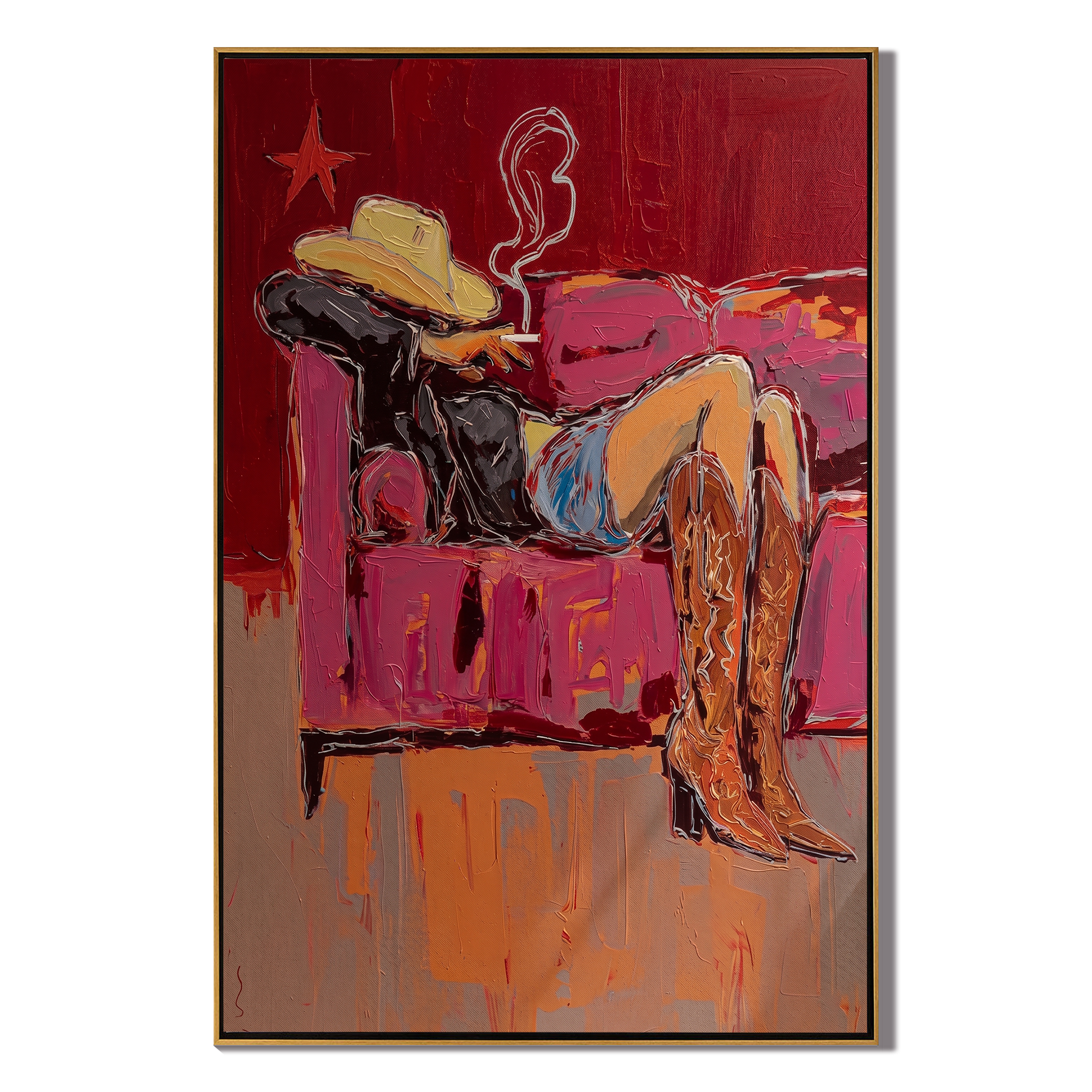 Smoke Sleeps on Velvet — brown and gray and red contemporary western western art, vertical hand-painted canvas art – view 1
