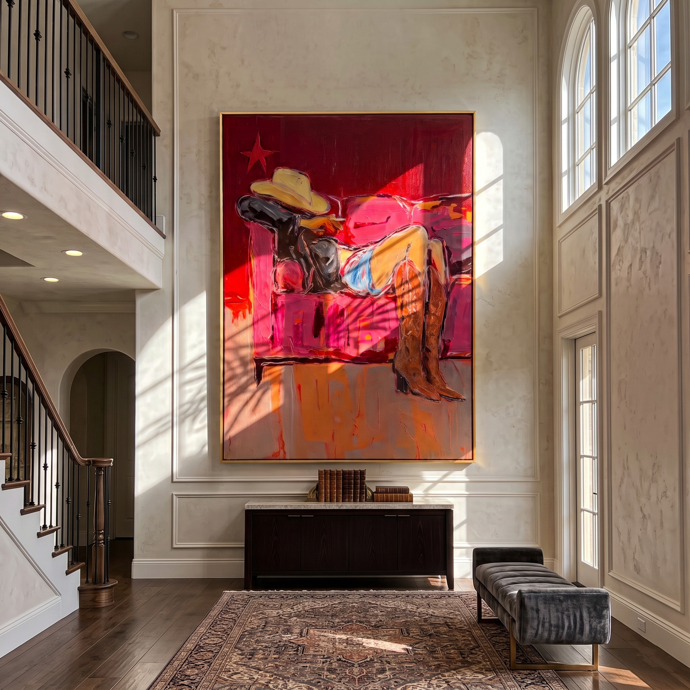 Smoke Sleeps on Velvet — brown and gray and red contemporary western western art, vertical hand-painted canvas art – view 2