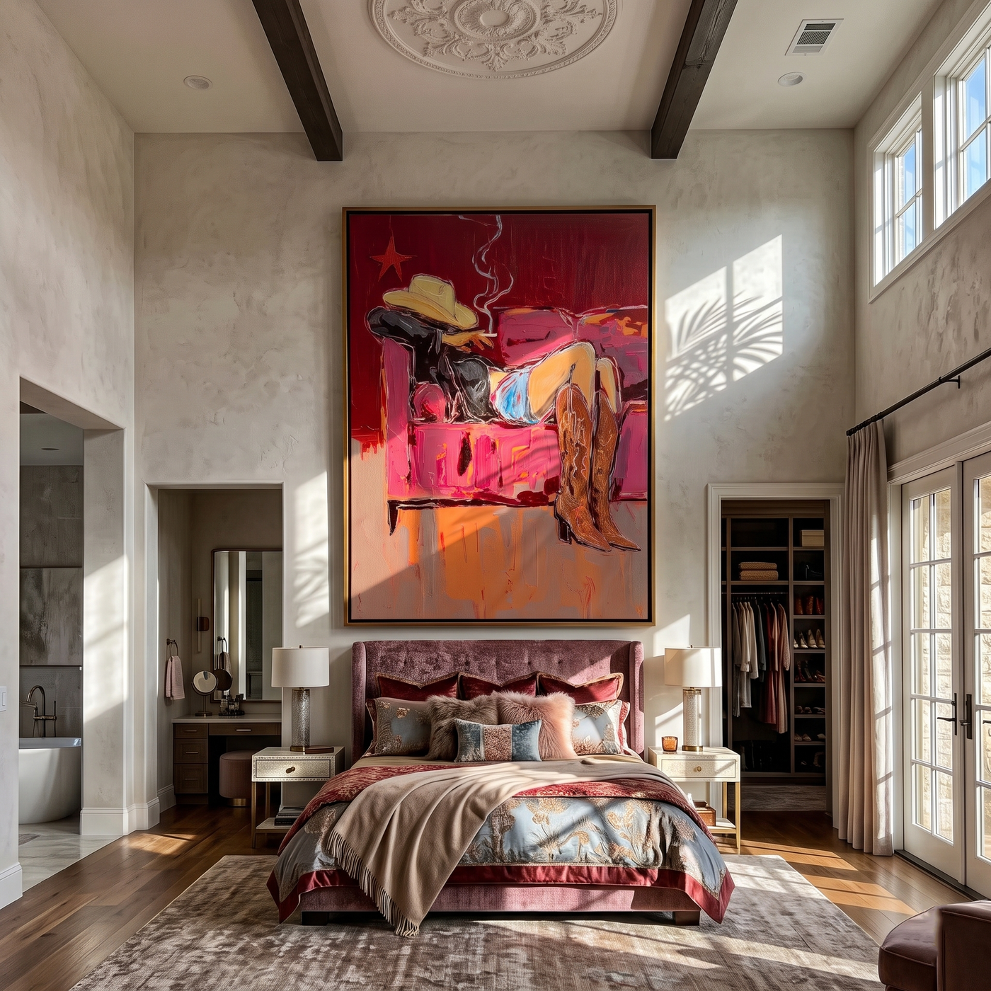 Smoke Sleeps on Velvet — brown and gray and red contemporary western western art, vertical hand-painted canvas art – view 3