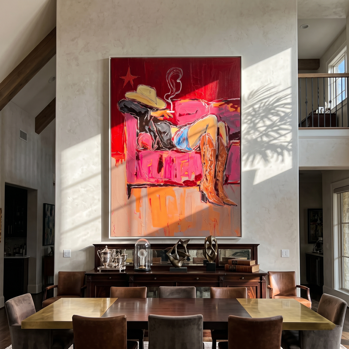 Smoke Sleeps on Velvet — brown and gray and red contemporary western western art, vertical hand-painted canvas art – view 4