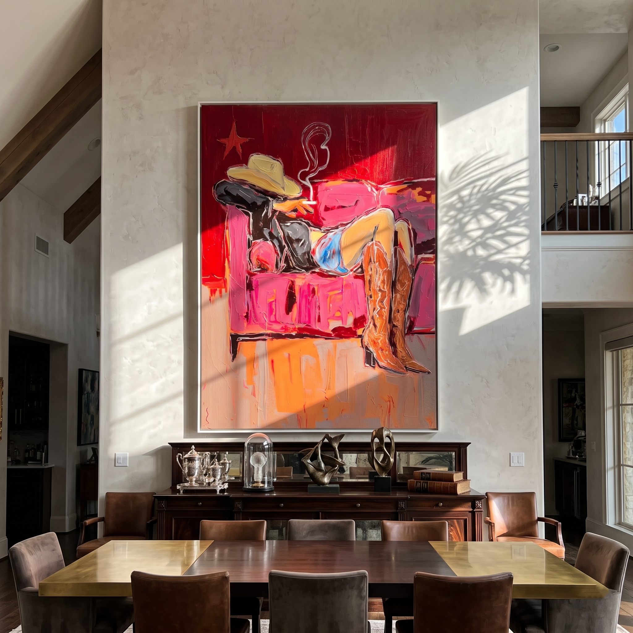 Smoke Sleeps on Velvet — brown and gray and red contemporary western western art, vertical hand-painted canvas art – view 4