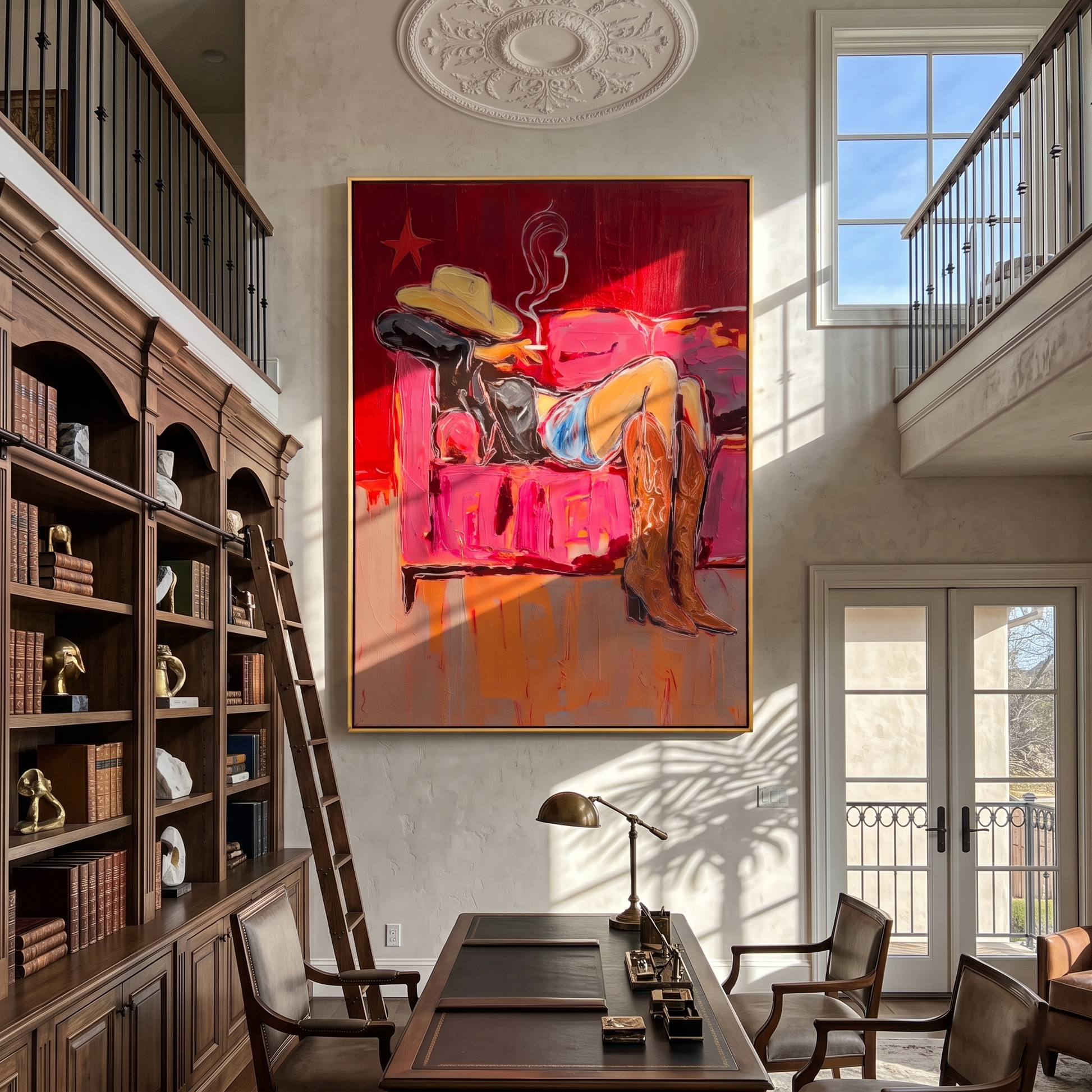 Smoke Sleeps on Velvet — brown and gray and red contemporary western western art, vertical hand-painted canvas art – view 5