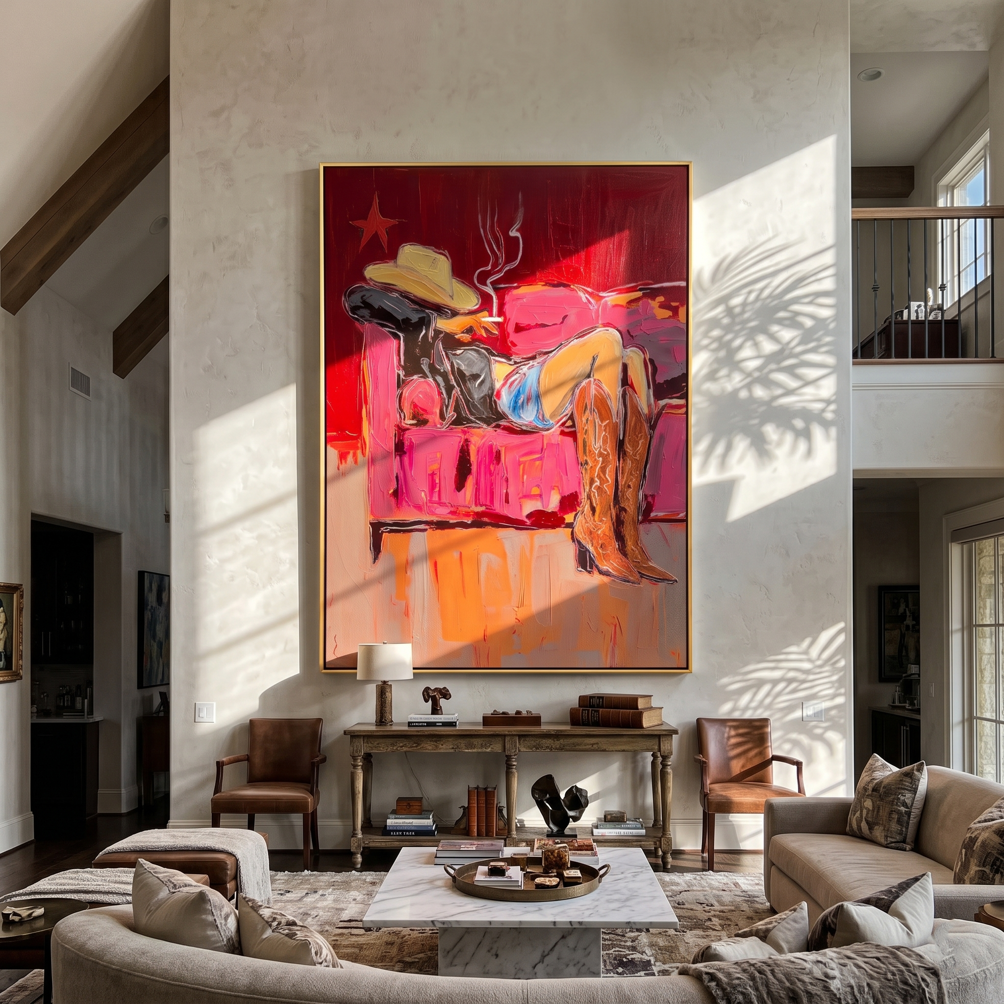 Smoke Sleeps on Velvet — brown and gray and red contemporary western western art, vertical hand-painted canvas art – view 6