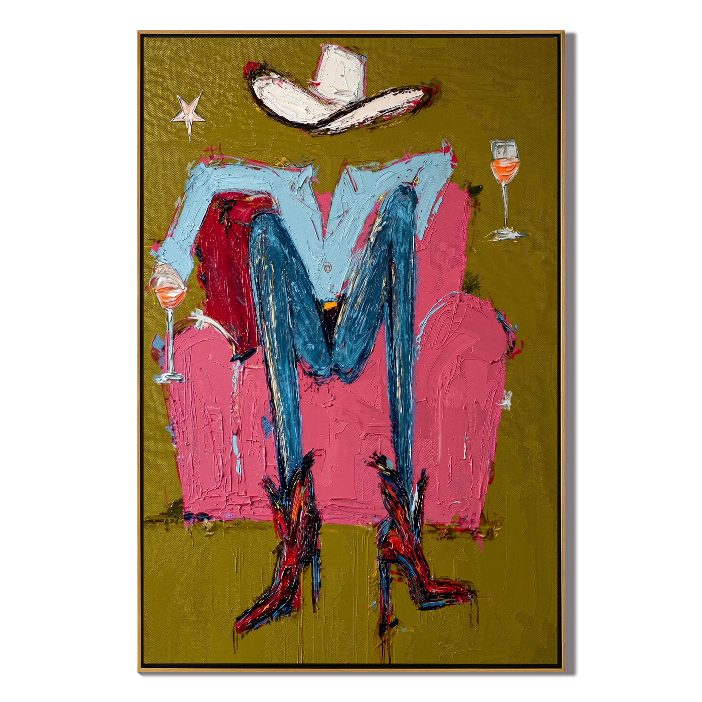 Two Glasses Frame Blue — brown and red contemporary western western art, vertical hand-painted canvas art – view 1
