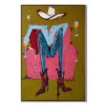 Two Glasses Frame Blue — brown and red contemporary western western art, vertical hand-painted canvas art – view 1