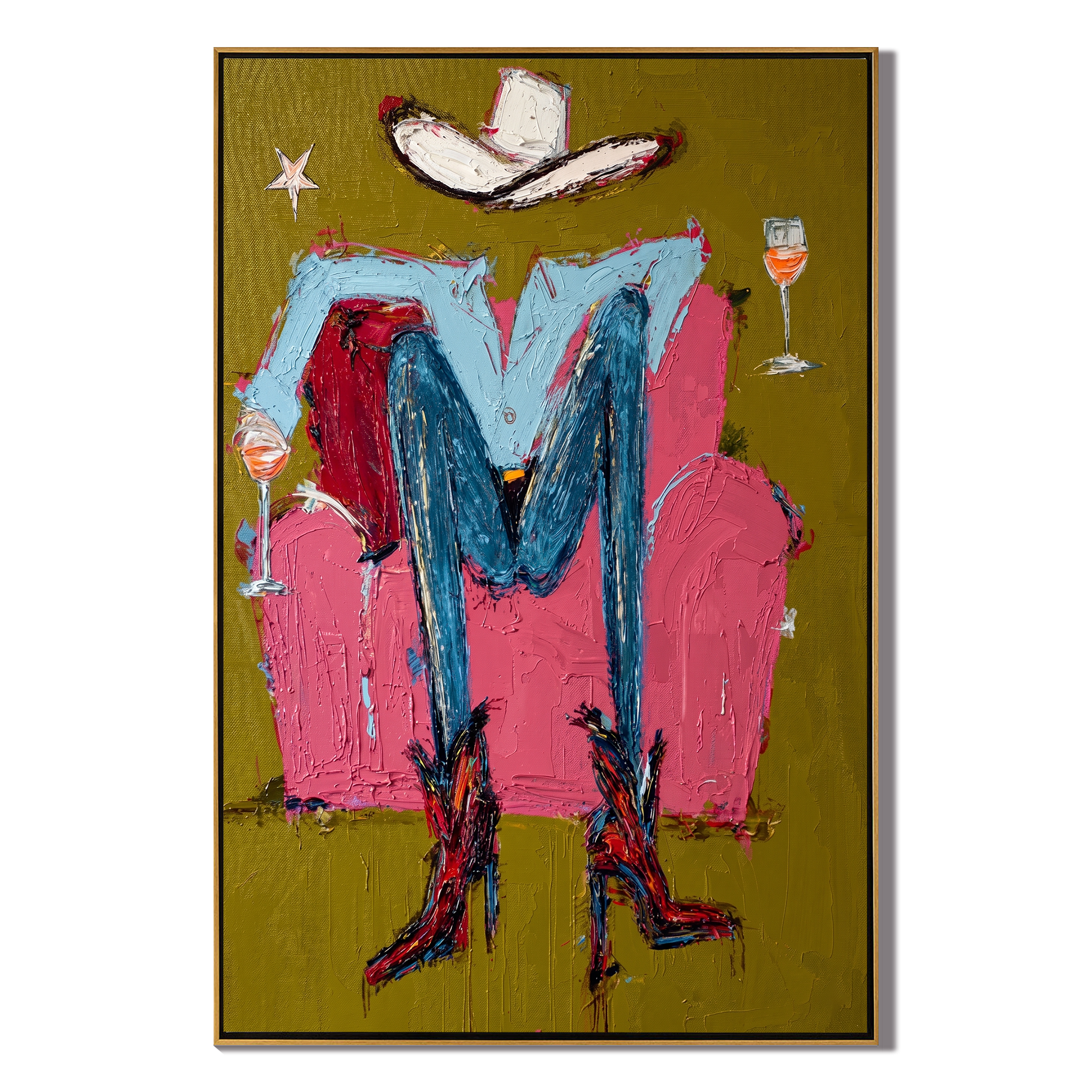 Two Glasses Frame Blue — brown and red contemporary western western art, vertical hand-painted canvas art – view 1