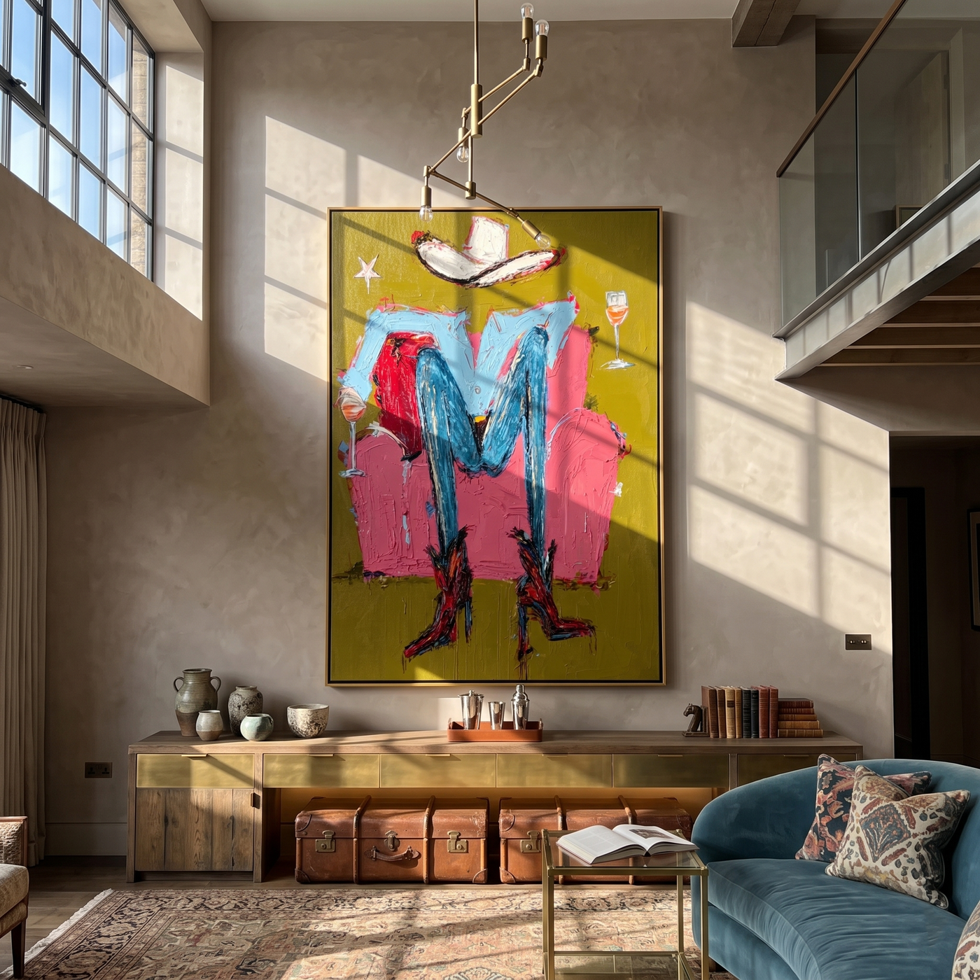 Two Glasses Frame Blue — brown and red contemporary western western art, vertical hand-painted canvas art – view 2