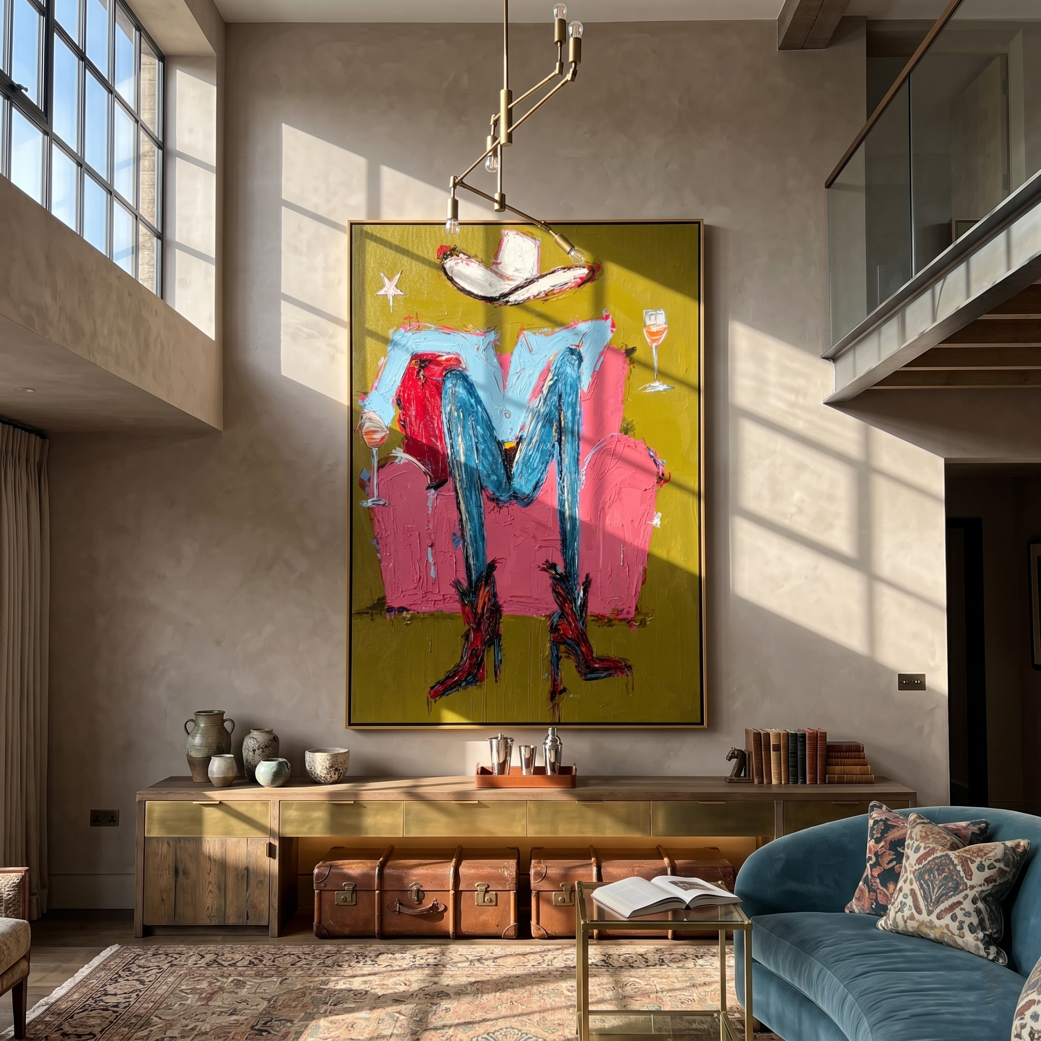 Two Glasses Frame Blue — brown and red contemporary western western art, vertical hand-painted canvas art – view 2