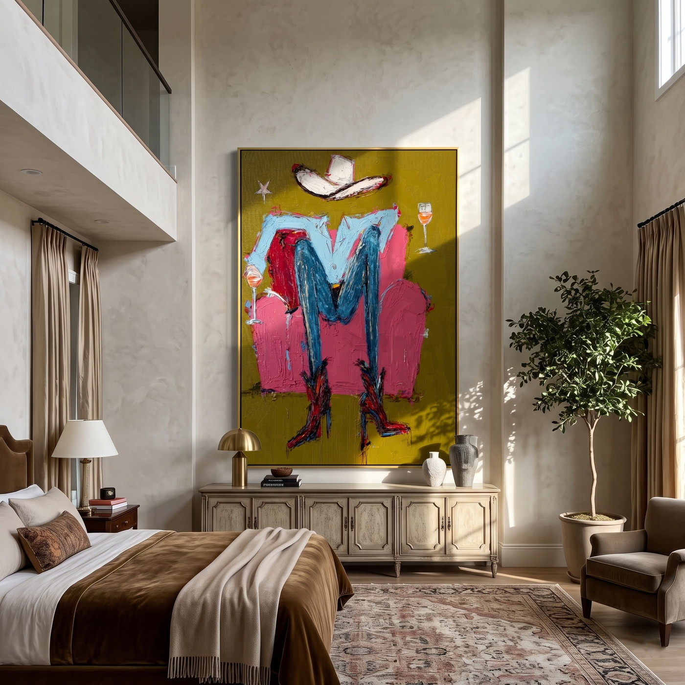 Two Glasses Frame Blue — brown and red contemporary western western art, vertical hand-painted canvas art – view 4