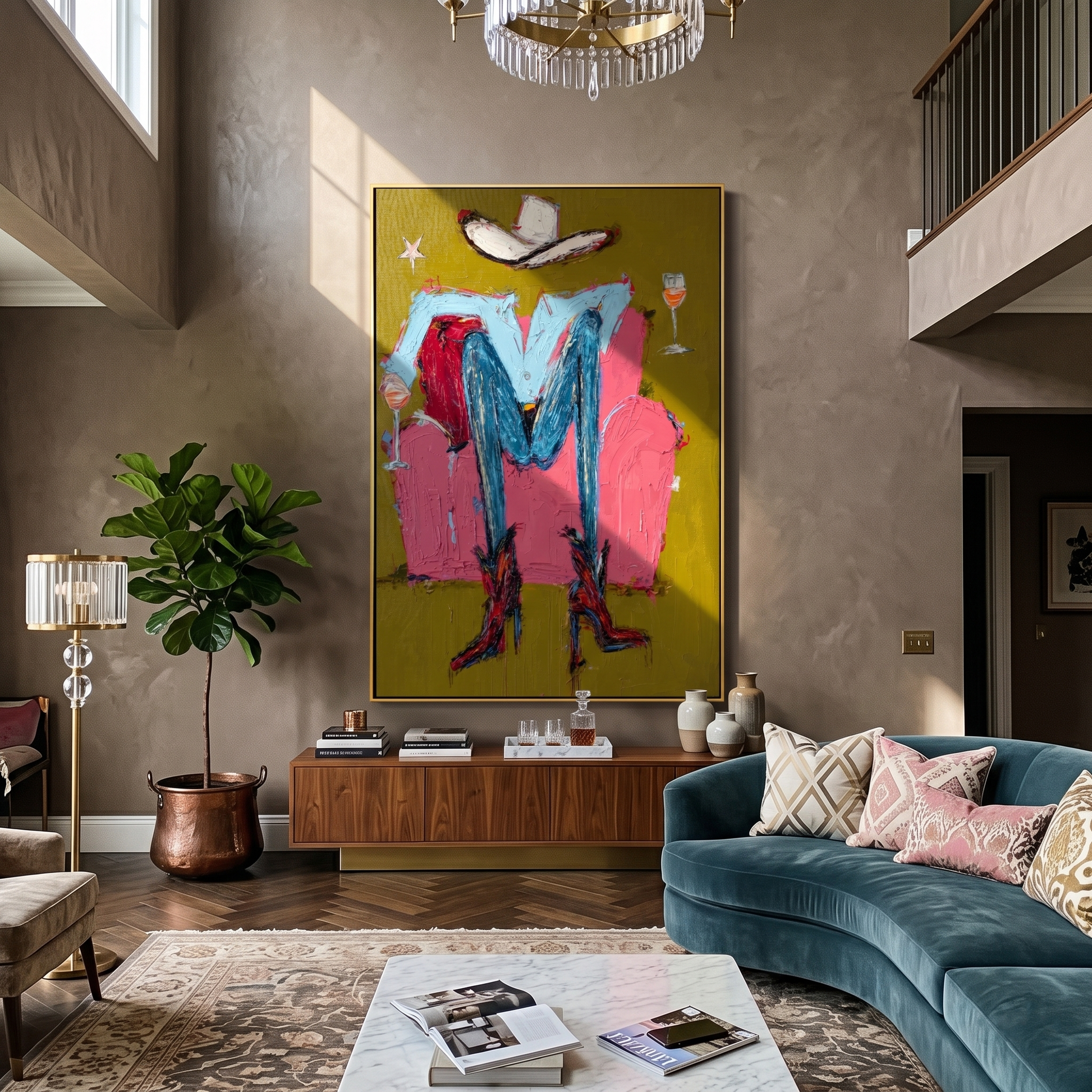 Two Glasses Frame Blue — brown and red contemporary western western art, vertical hand-painted canvas art – view 5